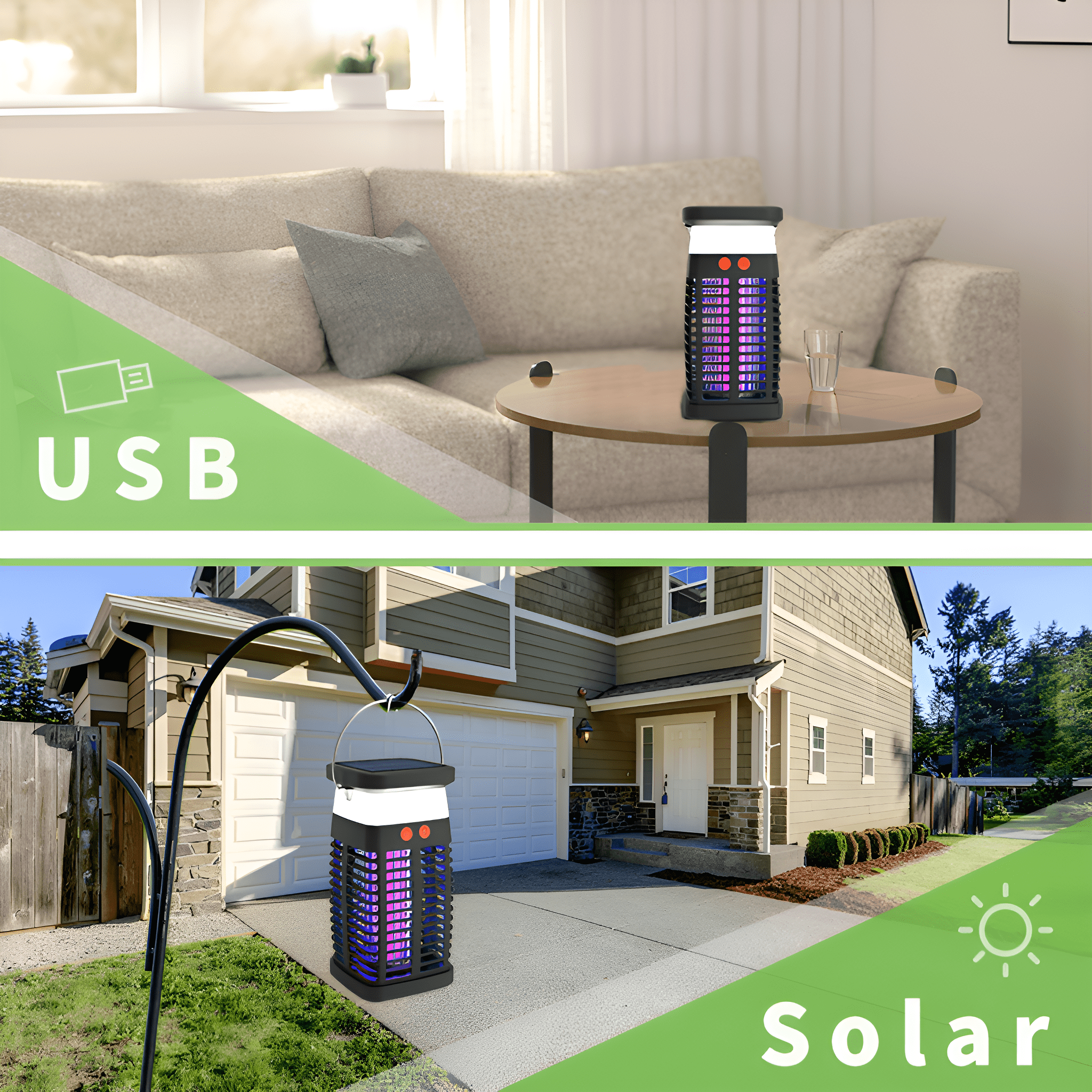 Ein USB- und ein solarbetriebenes Mückenschutzgerät. Eines steht auf einem Tisch, das andere draußen.