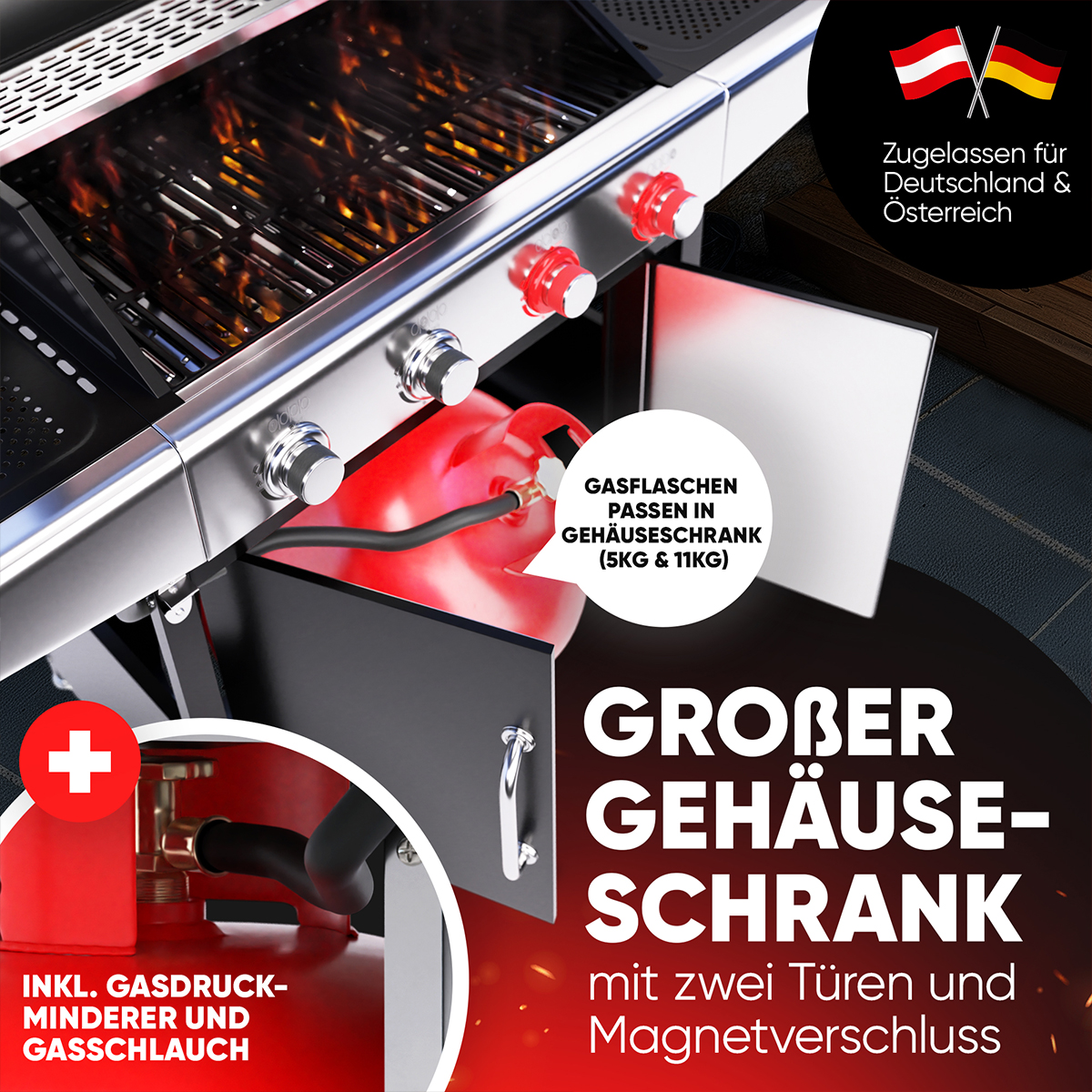 Ein Gasgrill mit Gasflaschenlagerung, einschließlich Gasdruckminderer und Gasschlauch.