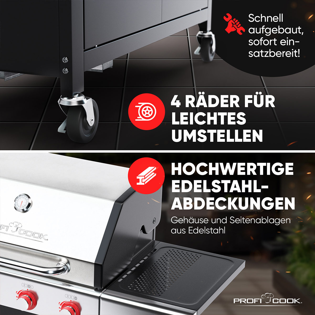 Details eines Gasgrills, zeigt Räder, Edelstahl-Abdeckungen und Gasflaschenlagerung.