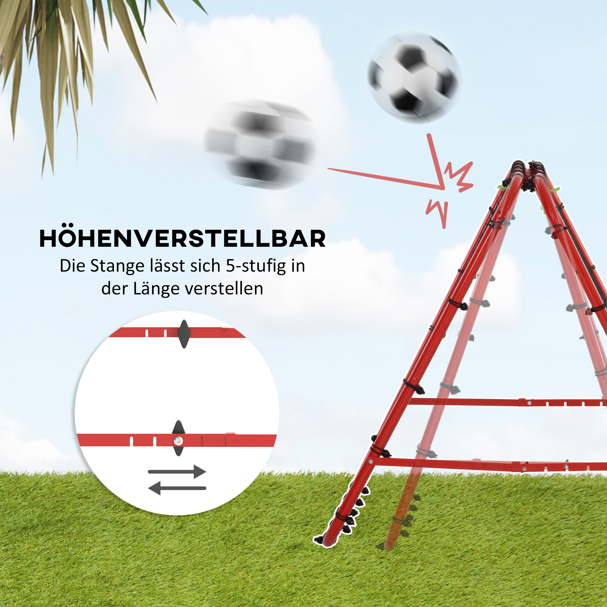 Ein rotes Fußballtor mit höhenverstellbarer Funktion. Zwei Fußbälle sind in der Luft.