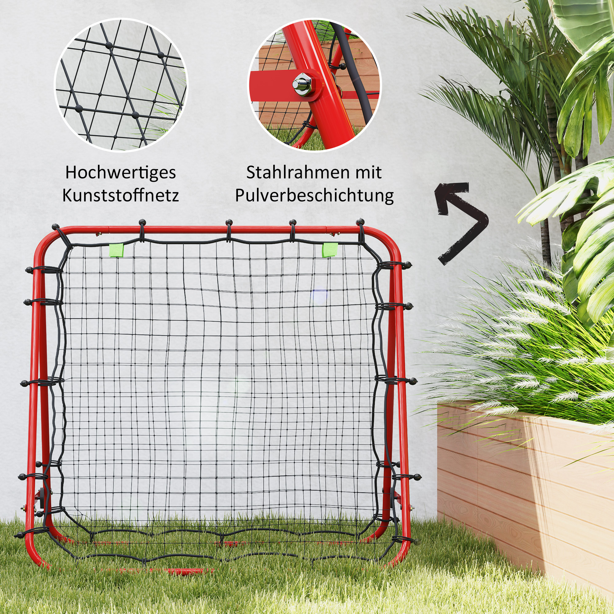 Ein rotes Sportnetz mit schwarzem Netz in einer Garteneinstellung mit detaillierten Elementen.