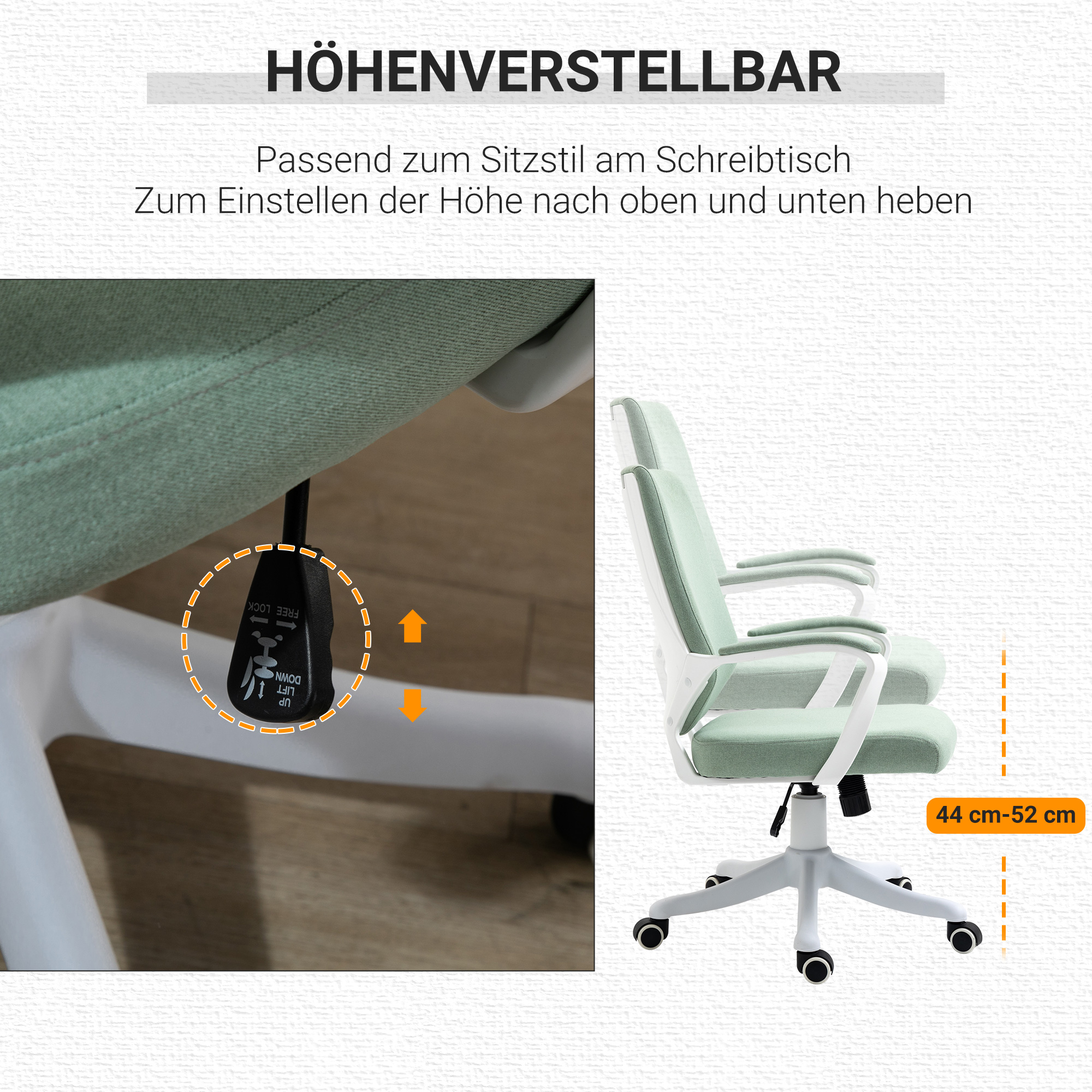 Der Höhenverstellmechanismus eines Bürostuhls mit detaillierter Ansicht des Hebels.