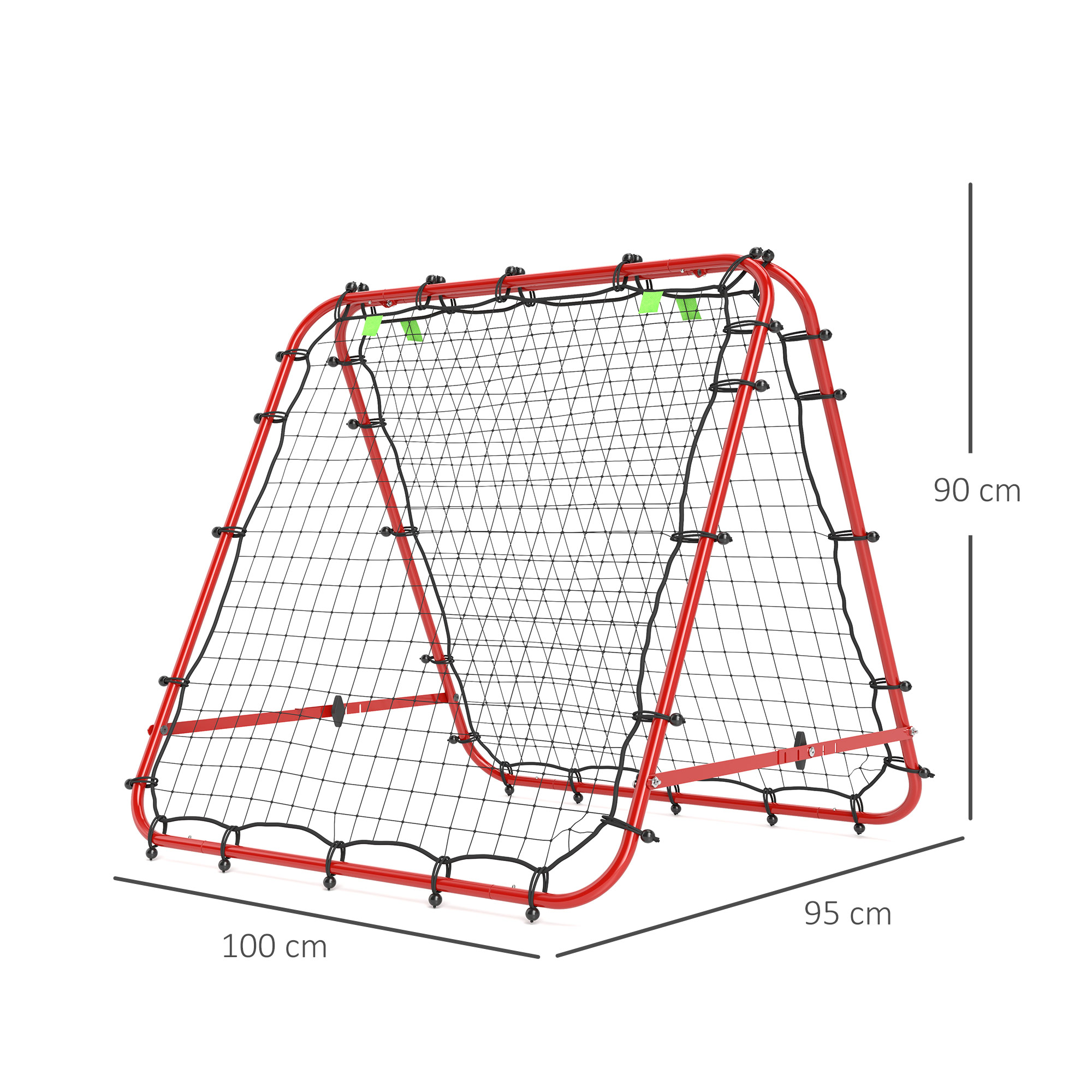 Rotes und schwarzes Fußballnetz auf weißem Hintergrund mit Abmessungen. Es ist 100 cm x 95 cm x 90 cm.