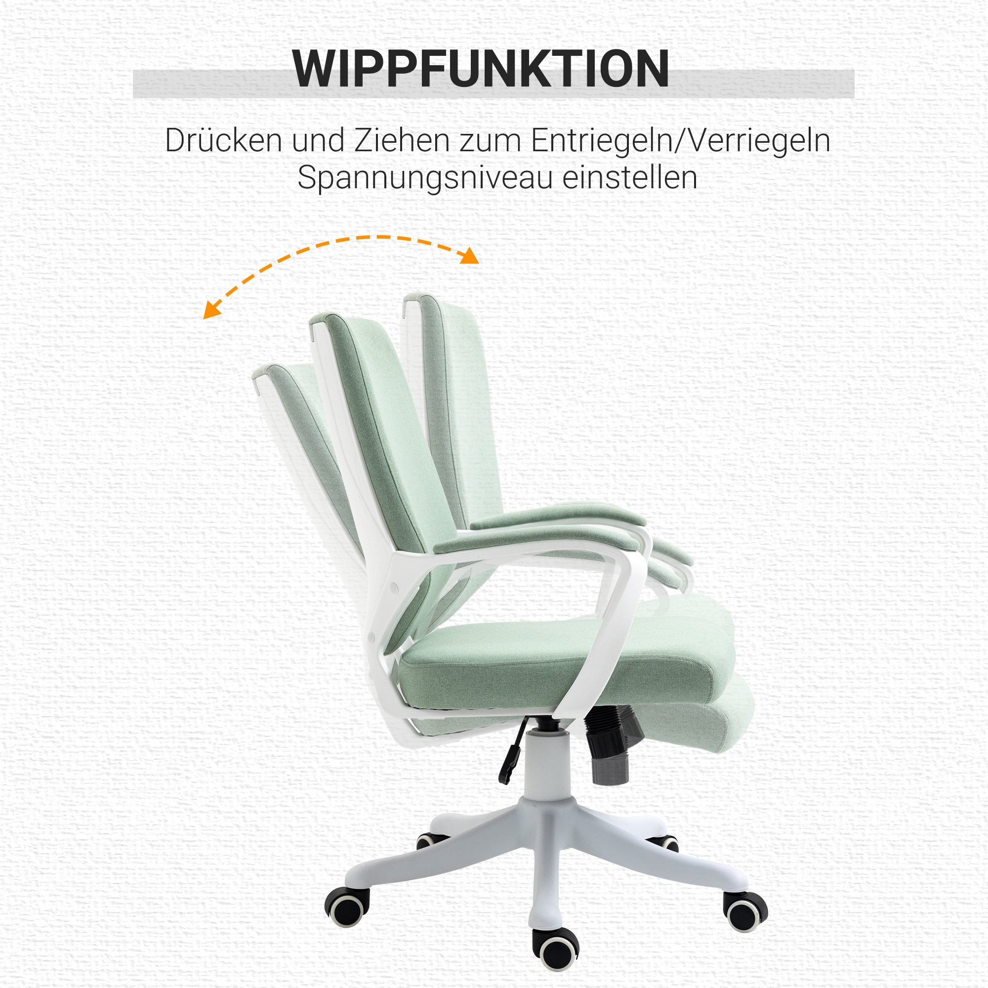 Ein grüner Bürostuhl mit weißem Rahmen, der die Kippfunktion veranschaulicht. Pfeile zeigen die Kippbewegung.