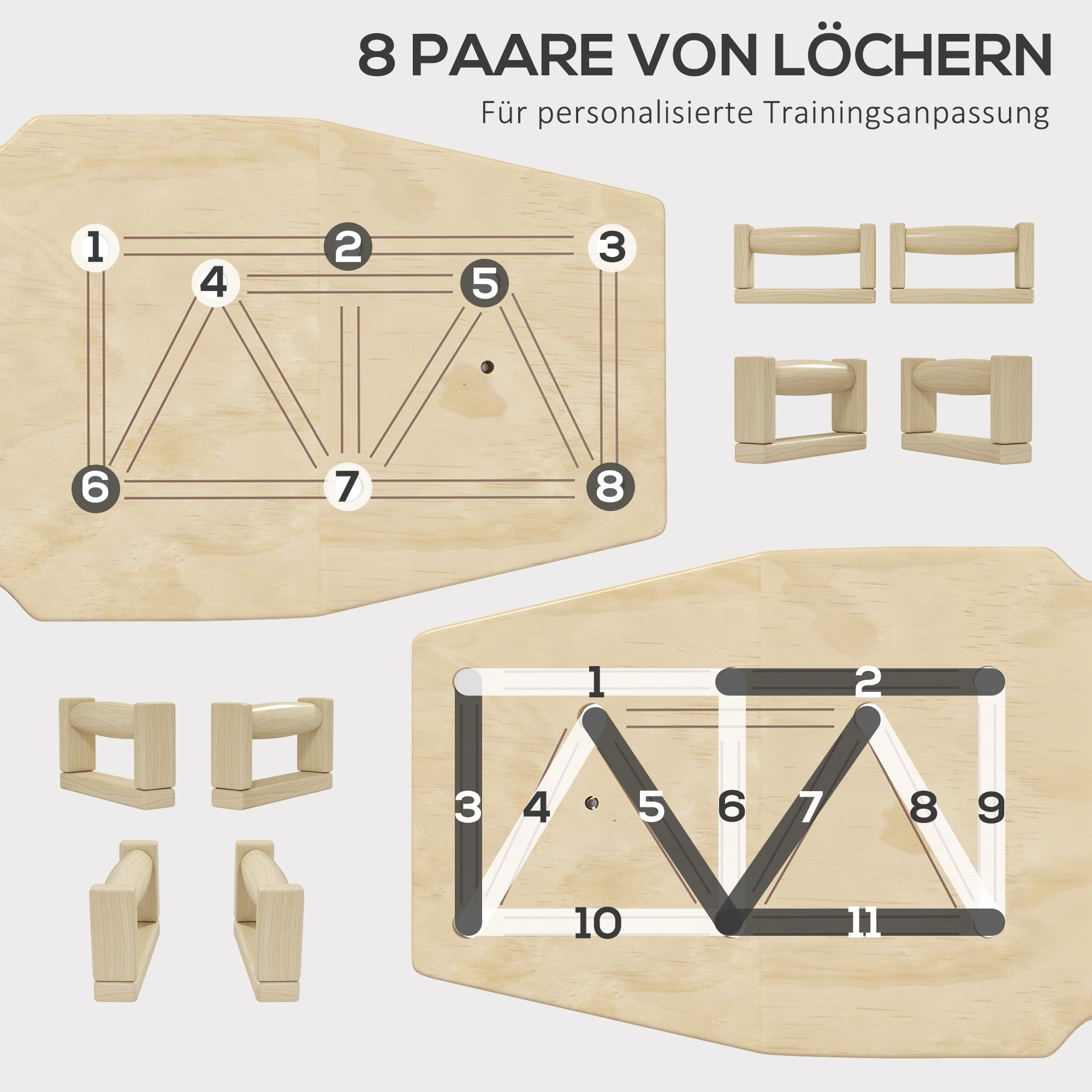 Holz-Trainingsbrett mit Löchern und Holzgriffen.