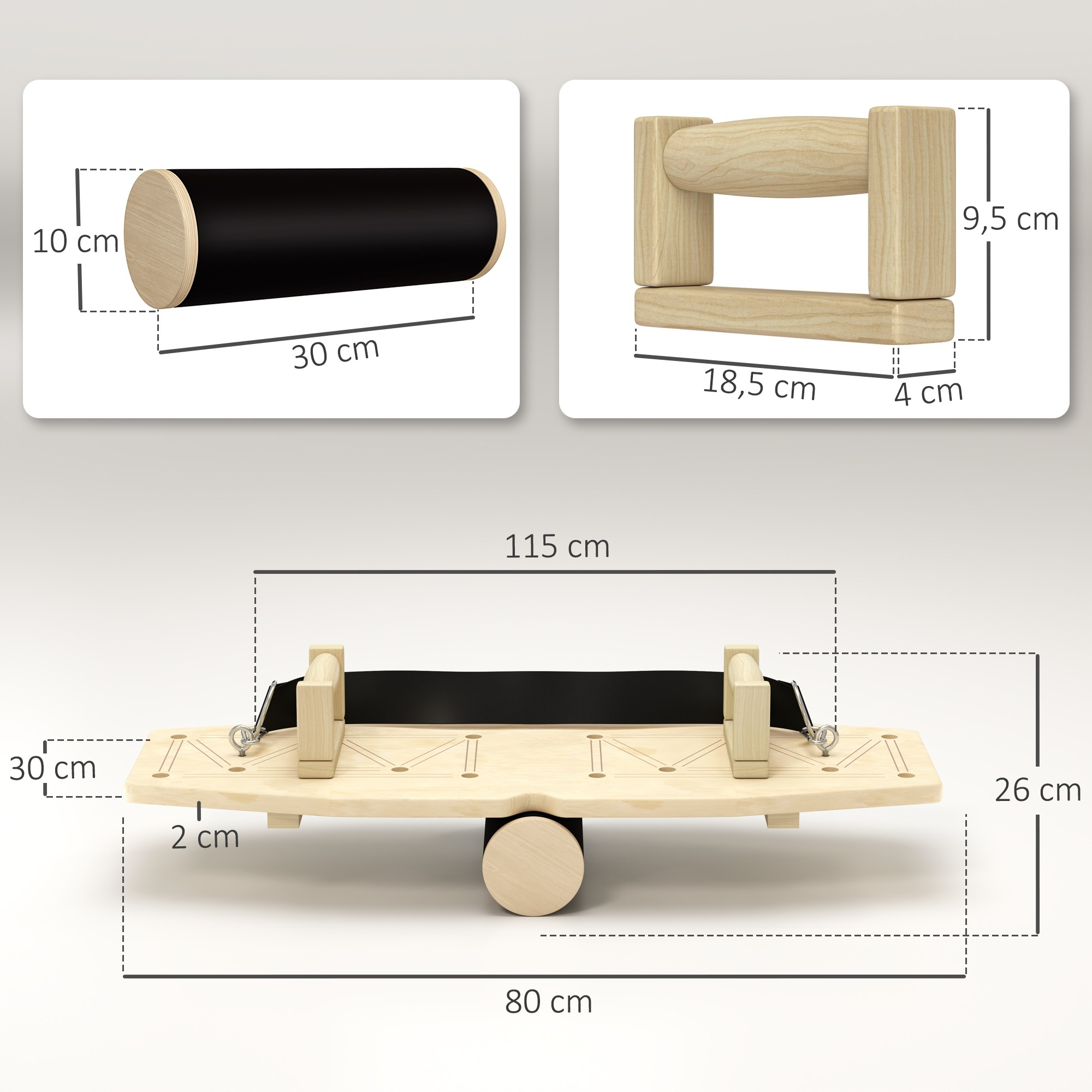 Drei Holz-Übungsgegenstände mit Abmessungen. Ein schwarzer Zylinder, Holz-Handstände und ein Balance-Board.