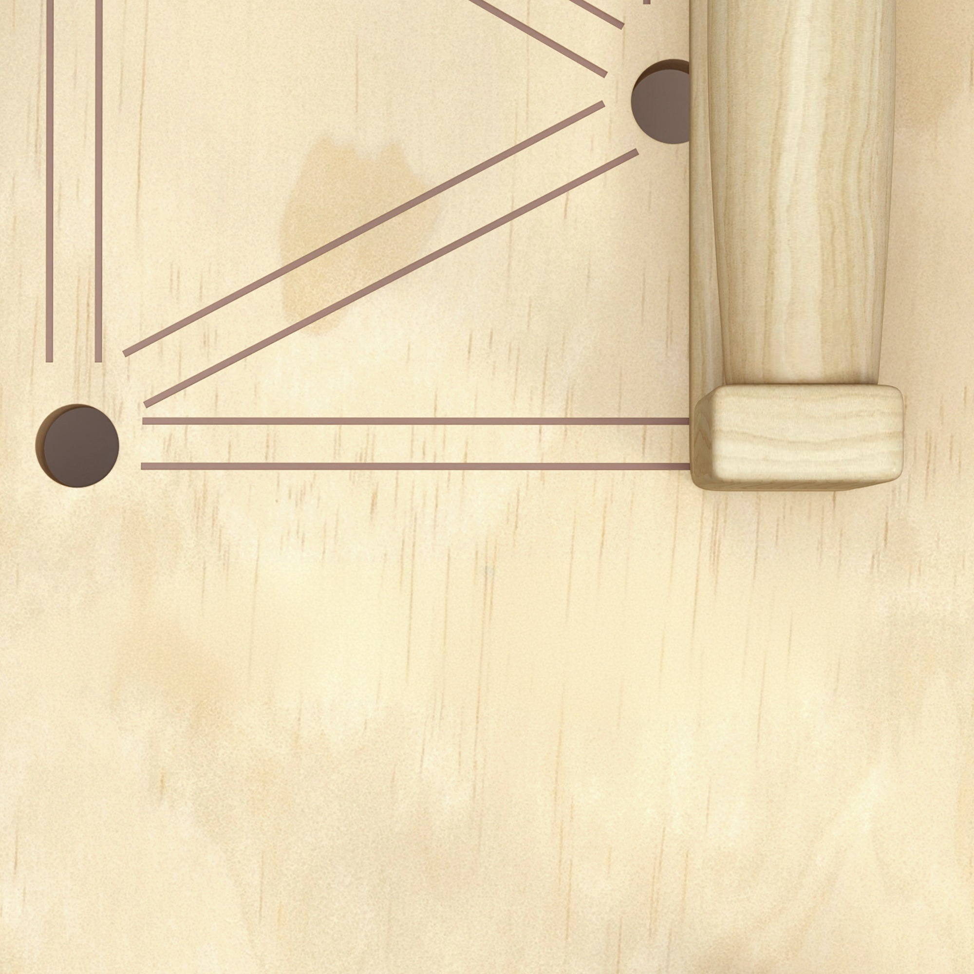 Carrom-Brett aus Holz mit braunen Linien und Kreisen.