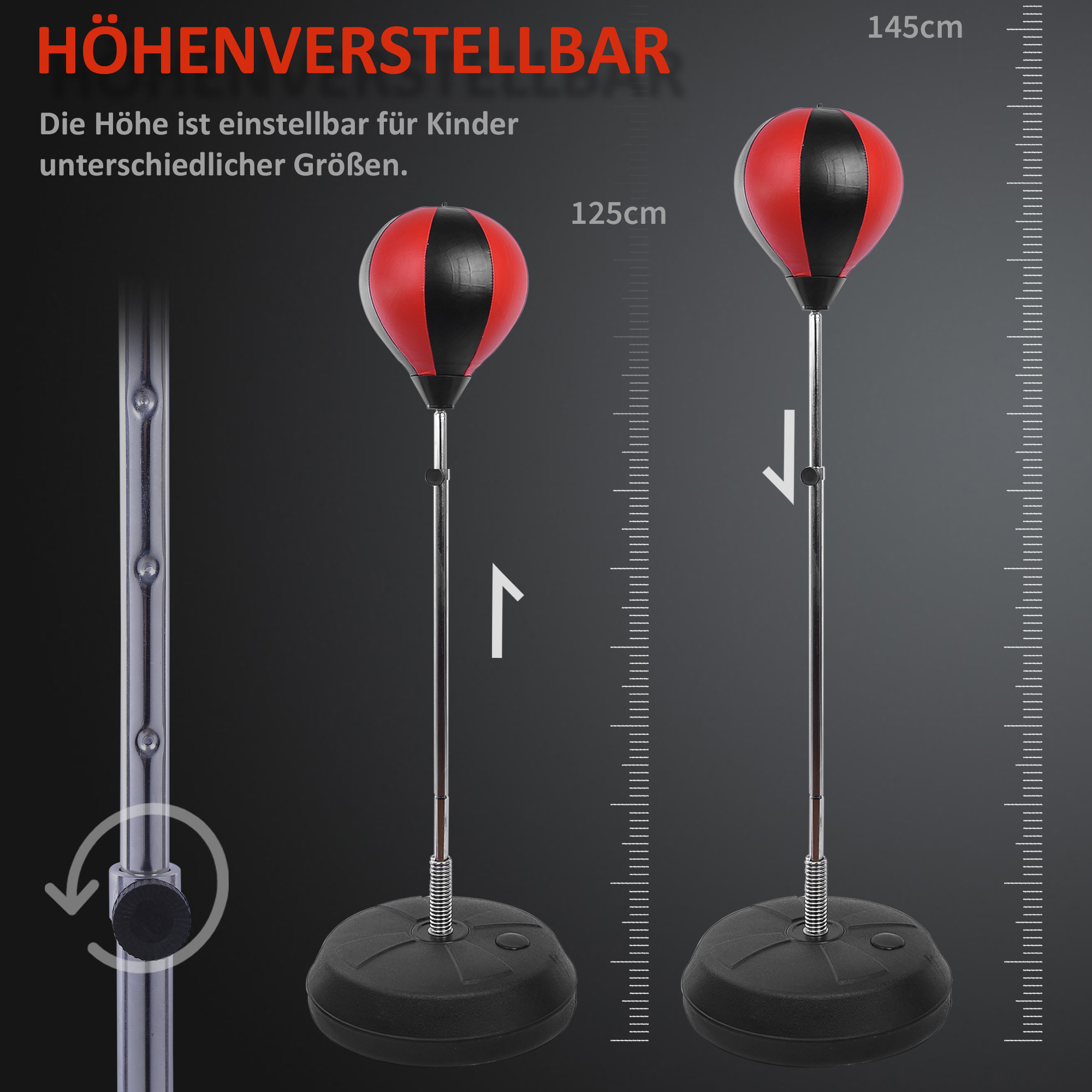 Zwei verstellbare Boxsäcke, einer rot/schwarz, der andere mit Größenskala. Text: für Kinder einstellbar.