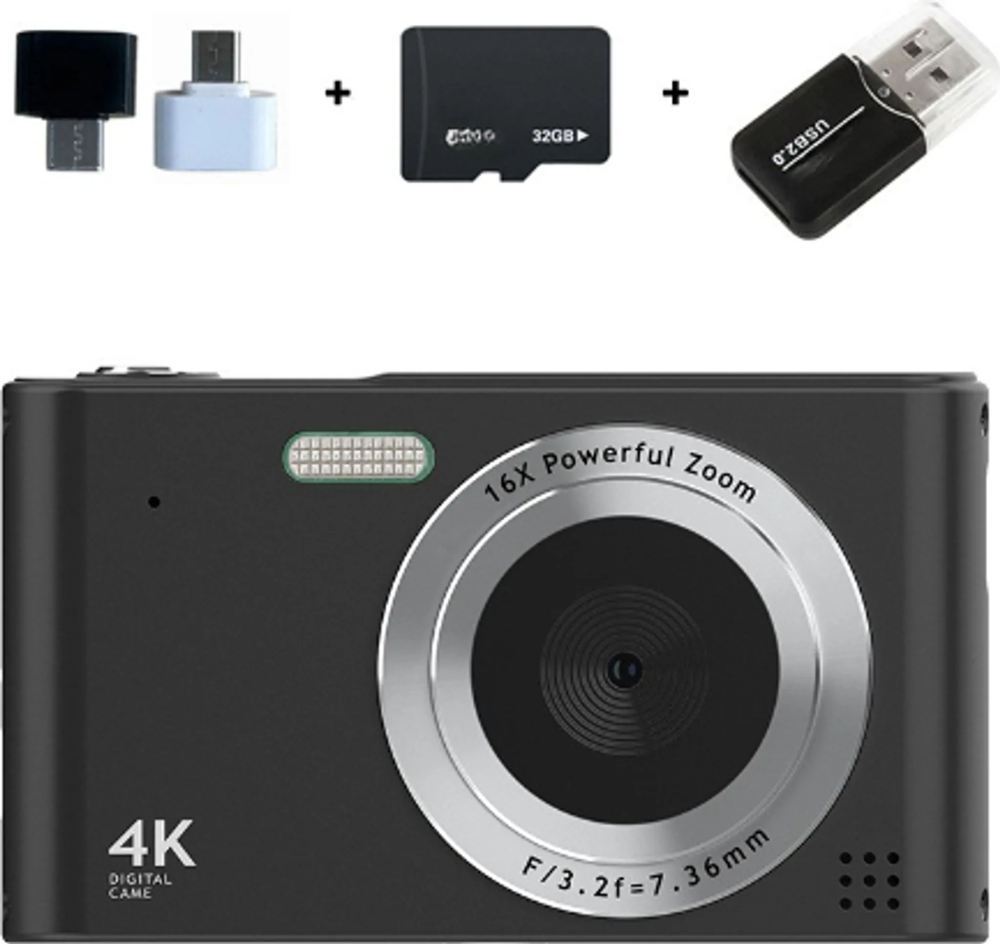 Schwarze Digitalkamera mit Zubehör, einschließlich Adaptern und Speicherkarte.
