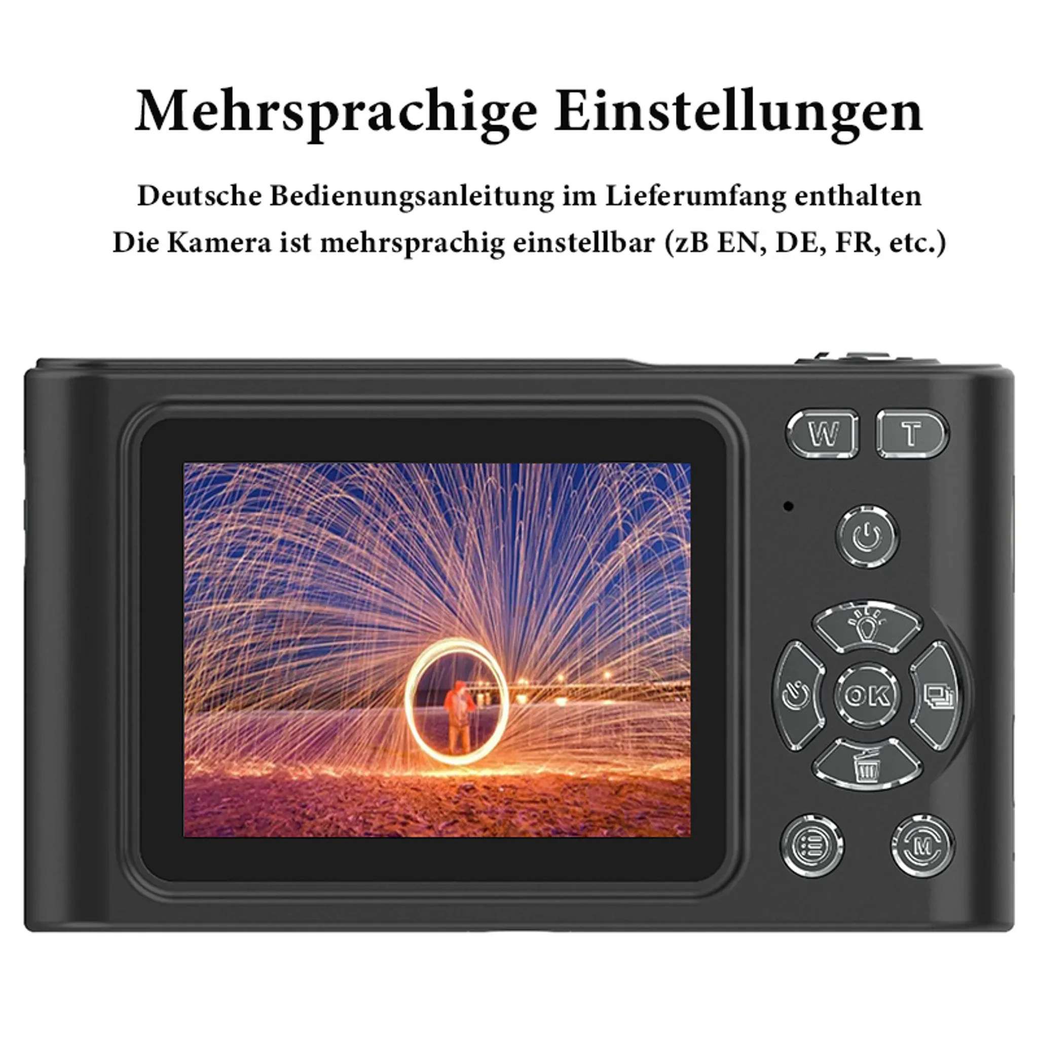 Schwarze Kamera mit Bildschirm, der Feuerwerk zeigt, und Knöpfen darunter. Text: mehrsprachige Einstellungen.