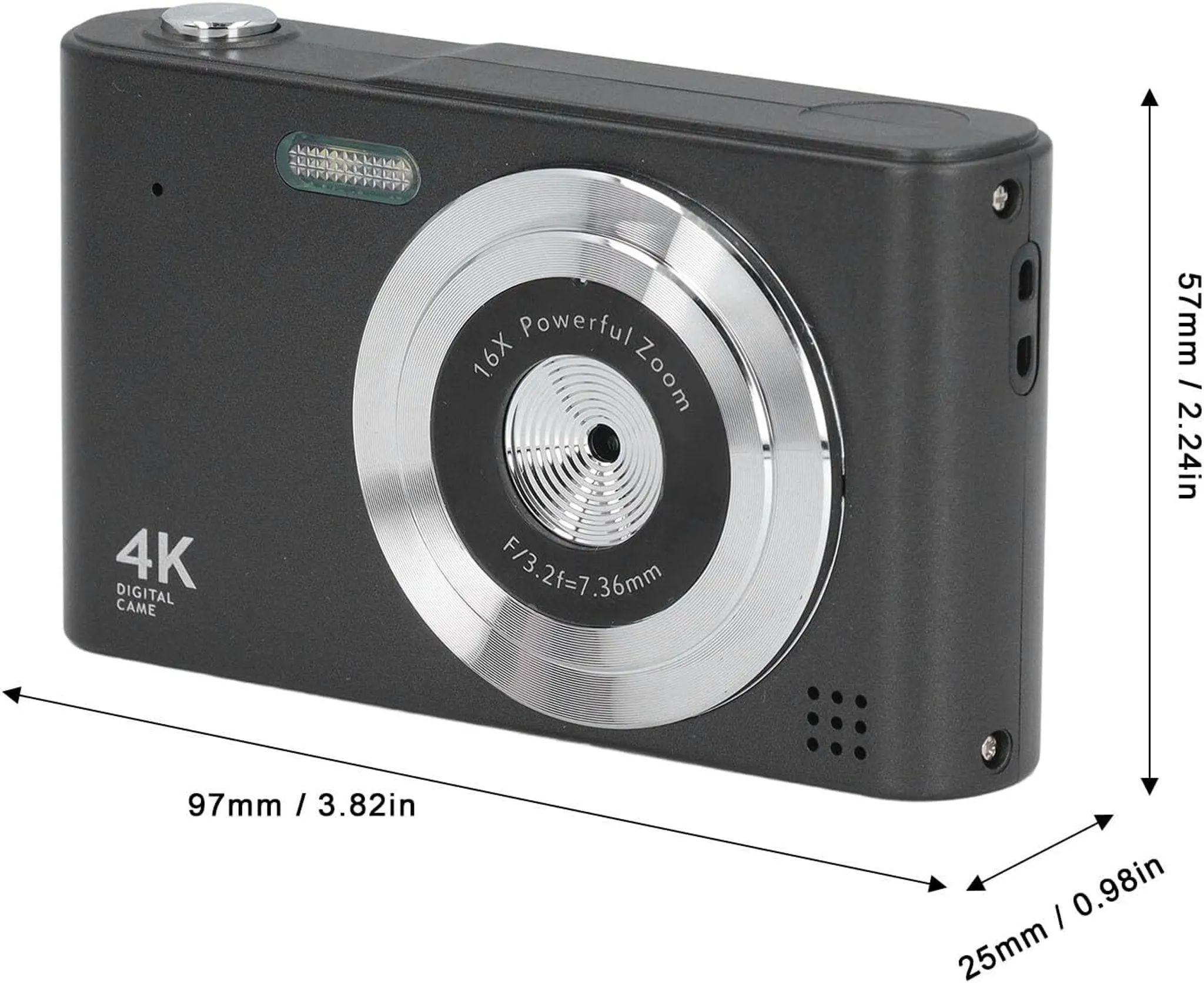 Eine schwarze Digitalkamera mit Maßangaben, die Abmessungen von 97 mm x 25 mm x 57 mm zeigt.