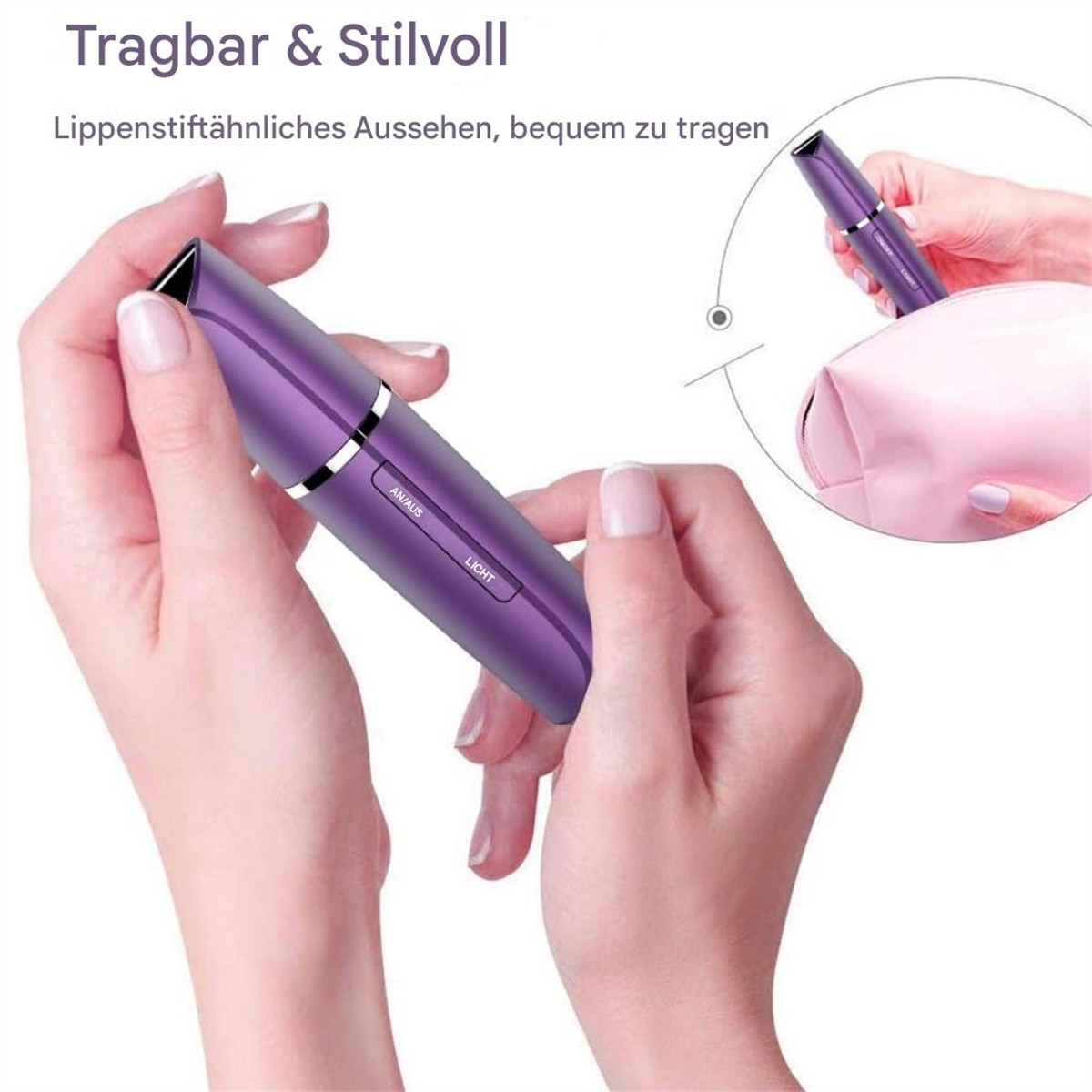 Hände halten violettes Haarentfernungsgerät. Text: Tragbar & Stilvoll.