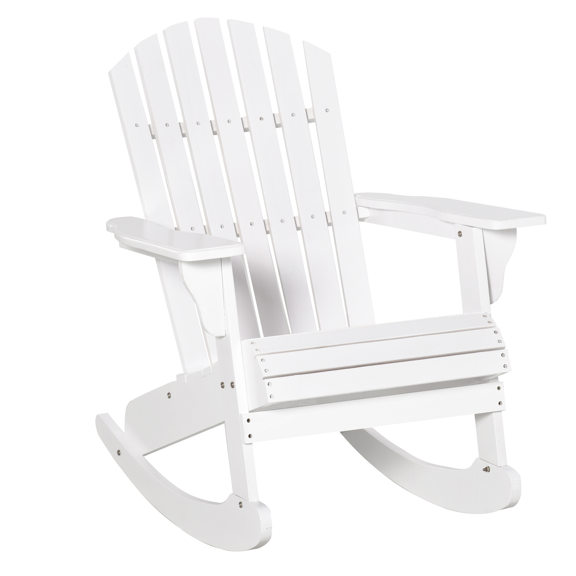 Weißer Adirondack Schaukelstuhl. Klassisches Design mit breiten Armlehnen und Lattenrücken.