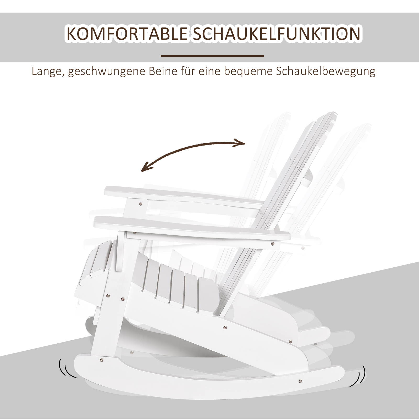 Weißer Schaukelstuhl mit einem Bogen, der die Schaukelbewegung anzeigt.