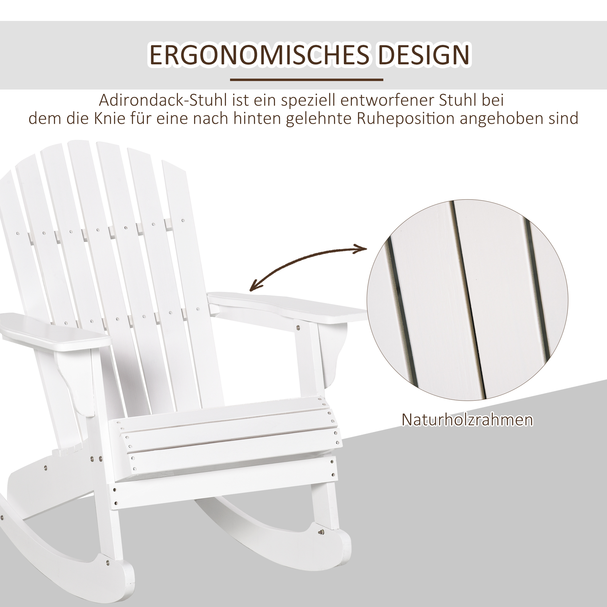 Detail des weißen Adirondack Schaukelstuhls. Zeigt ergonomisches Design und Naturholzrahmen.