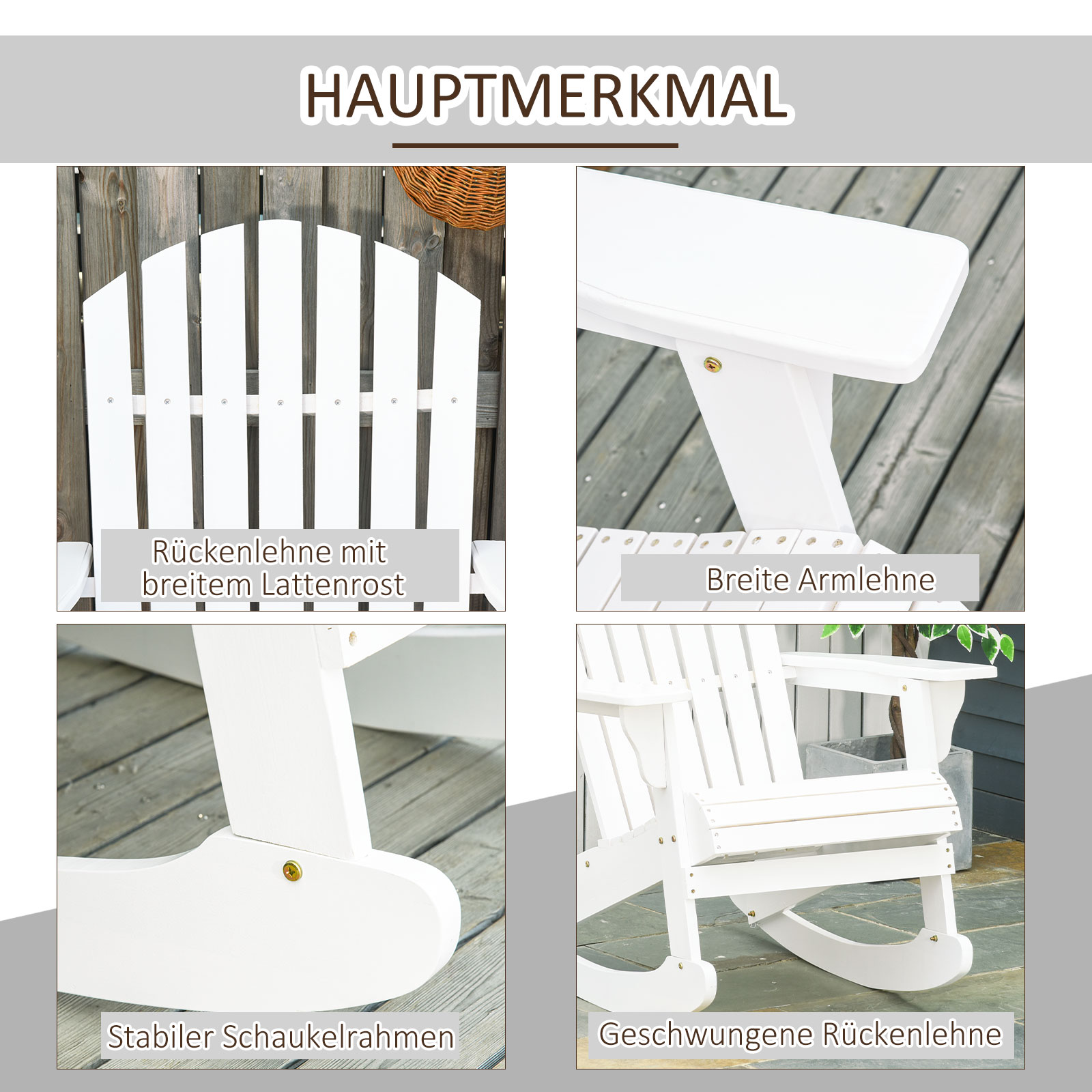 Details des weißen Adirondack Stuhls: Rückenlehne, Armlehne, geschwungener Rücken und fester Schaukelrahmen.