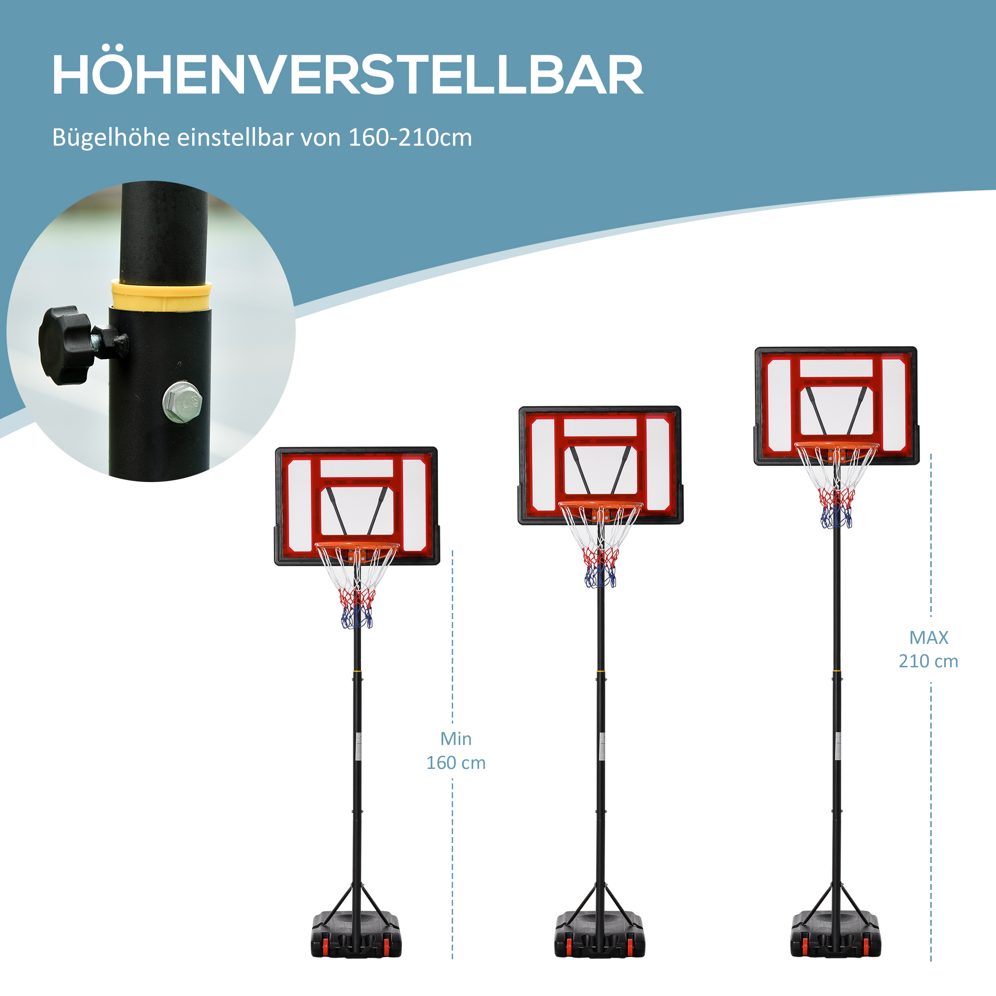 Basketballkörbe mit einstellbaren Höhenoptionen, die Mindest- und Maximalhöhen zeigen.