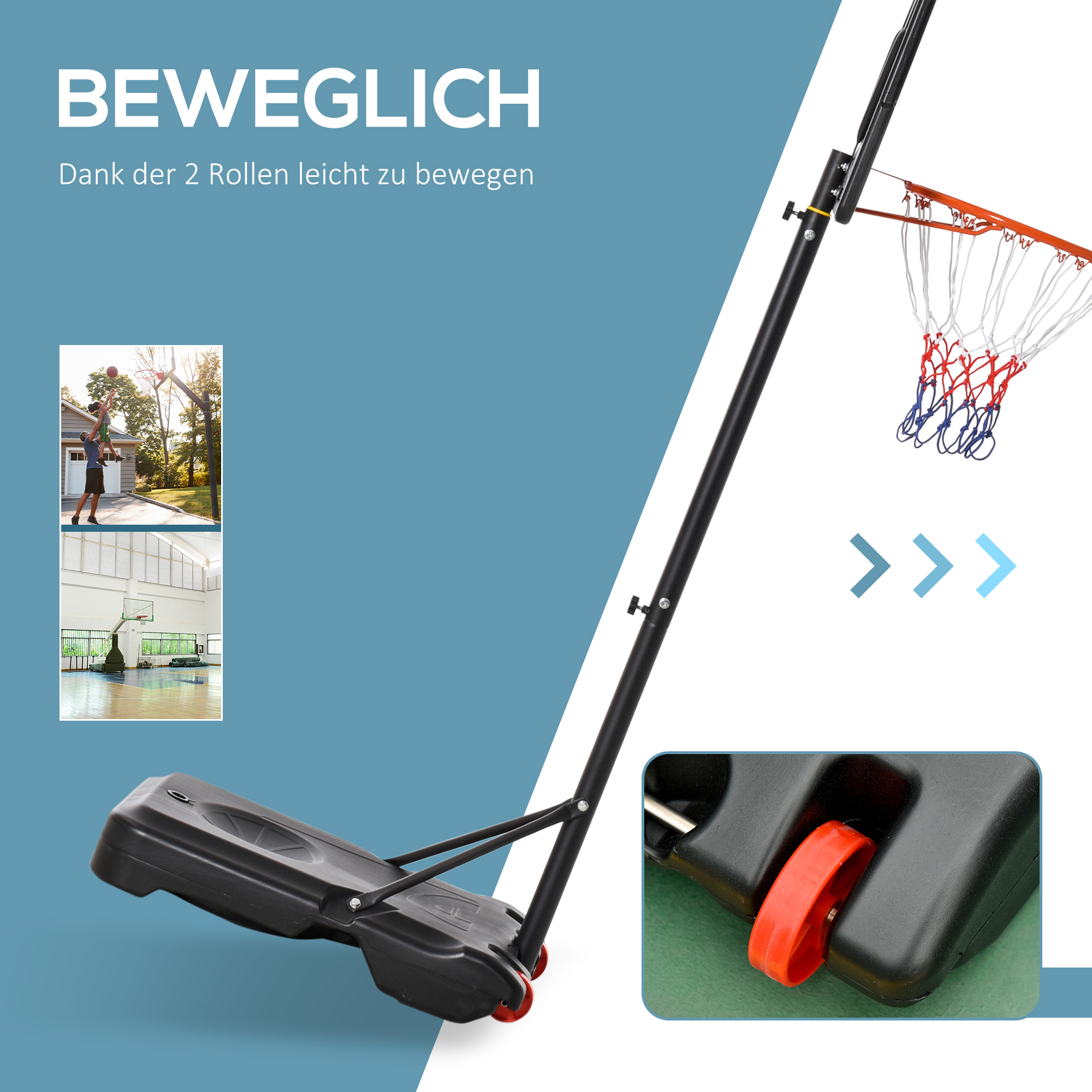 Basketballkorb mit schwarzem Pfosten und roten Rädern. Enthält kleine Bilder vom Basketballspiel.