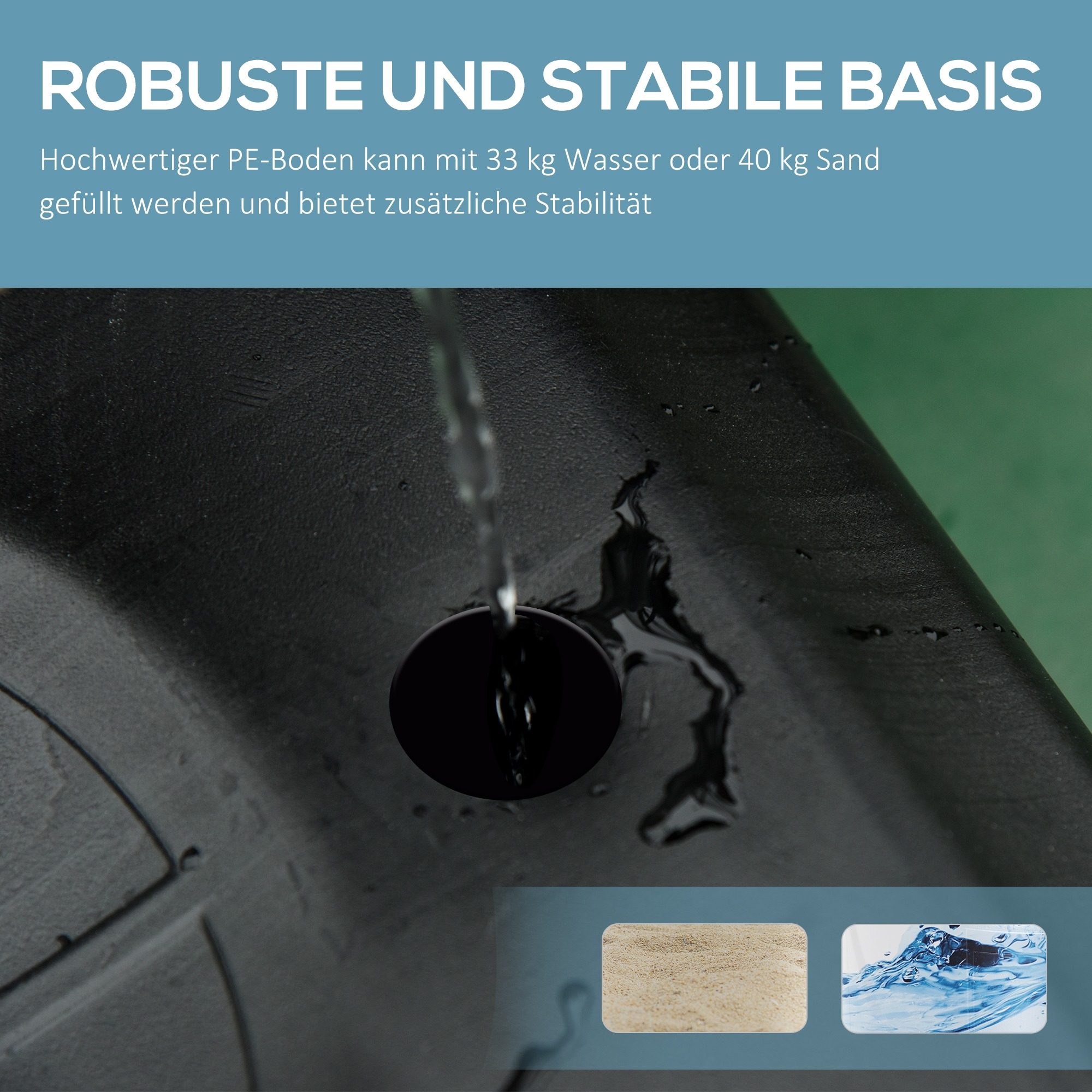 Schwarze Kunststoffbasis, Wasser gießt in ein Loch. Kleine Bilder einer beigen Matte und Wasserspritzer.