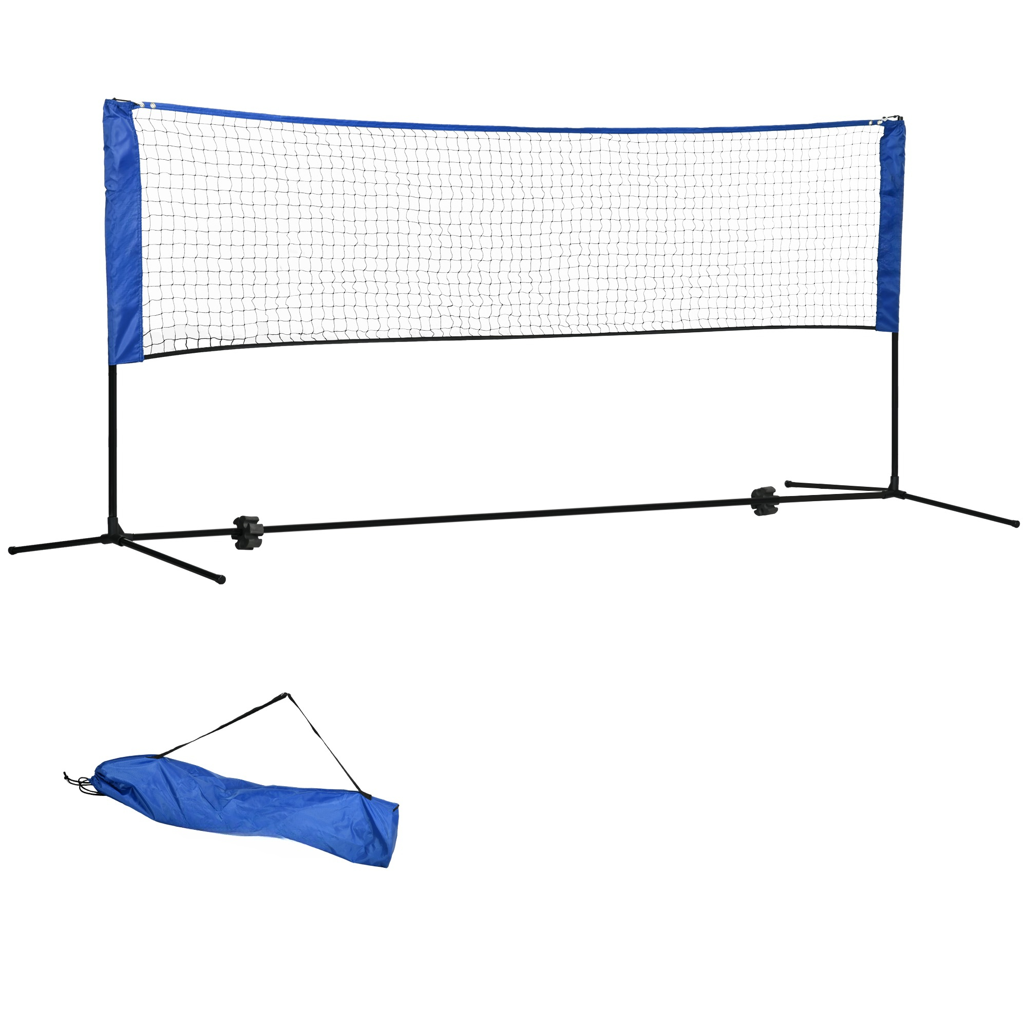 Badmintonnetz, schwarzer Rahmen, blauer Oberteil und Tragetasche. Weißer Hintergrund.