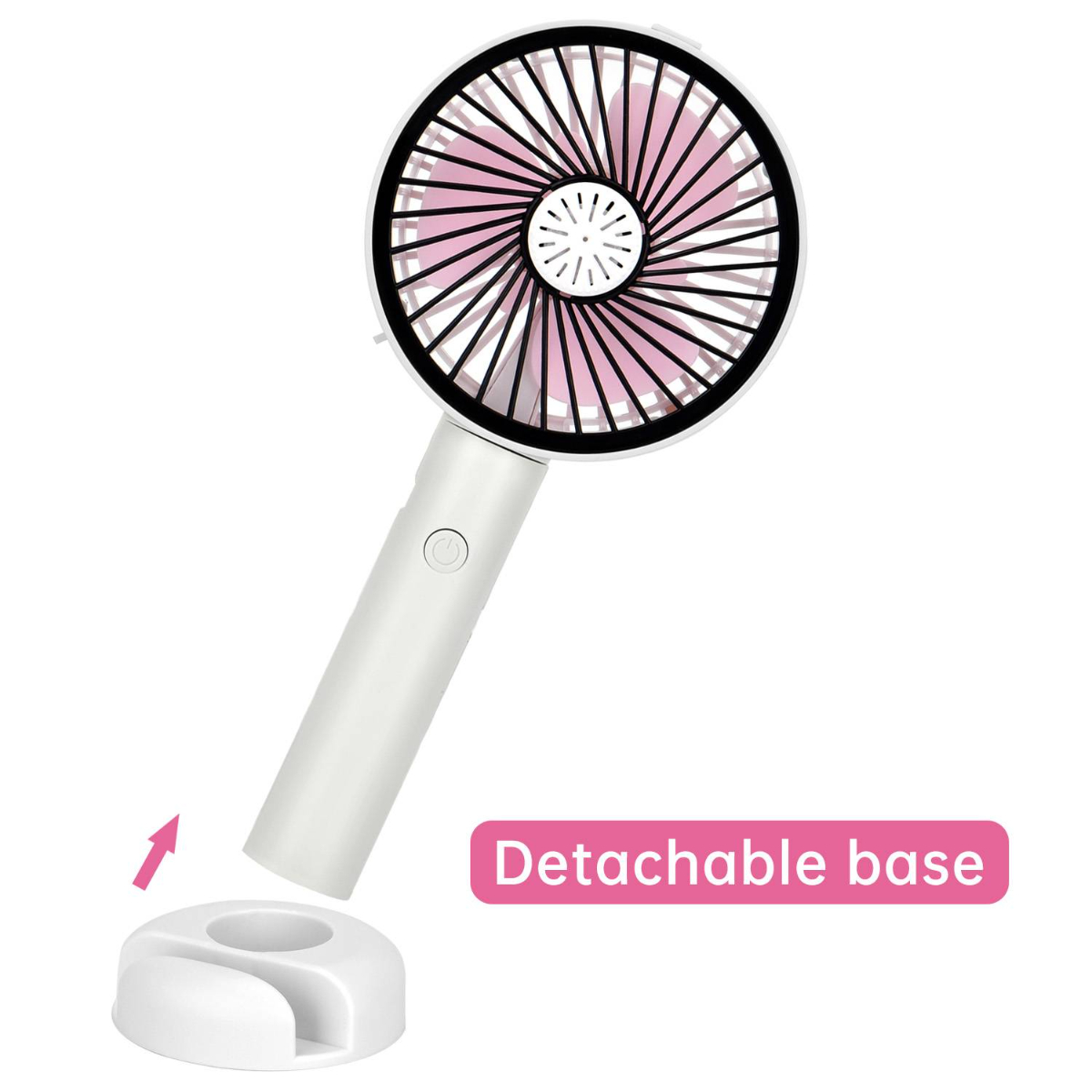 Weißer Handventilator mit rosa Flügeln und abnehmbarem Sockel.