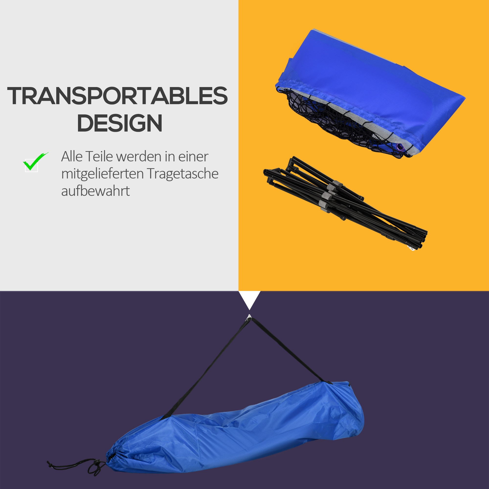 Blaue Tragetasche mit Ausrüstung. Schwarze Rahmenteile. Gelber und blauer Hintergrund.