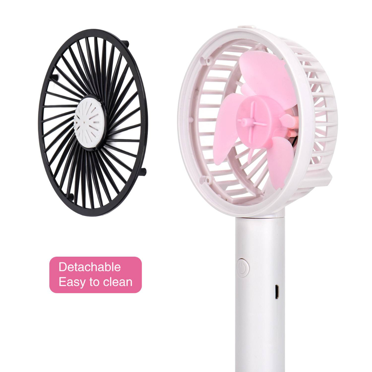 Weißer und schwarzer Handventilator mit rosa Flügeln und abnehmbarem Gitter.