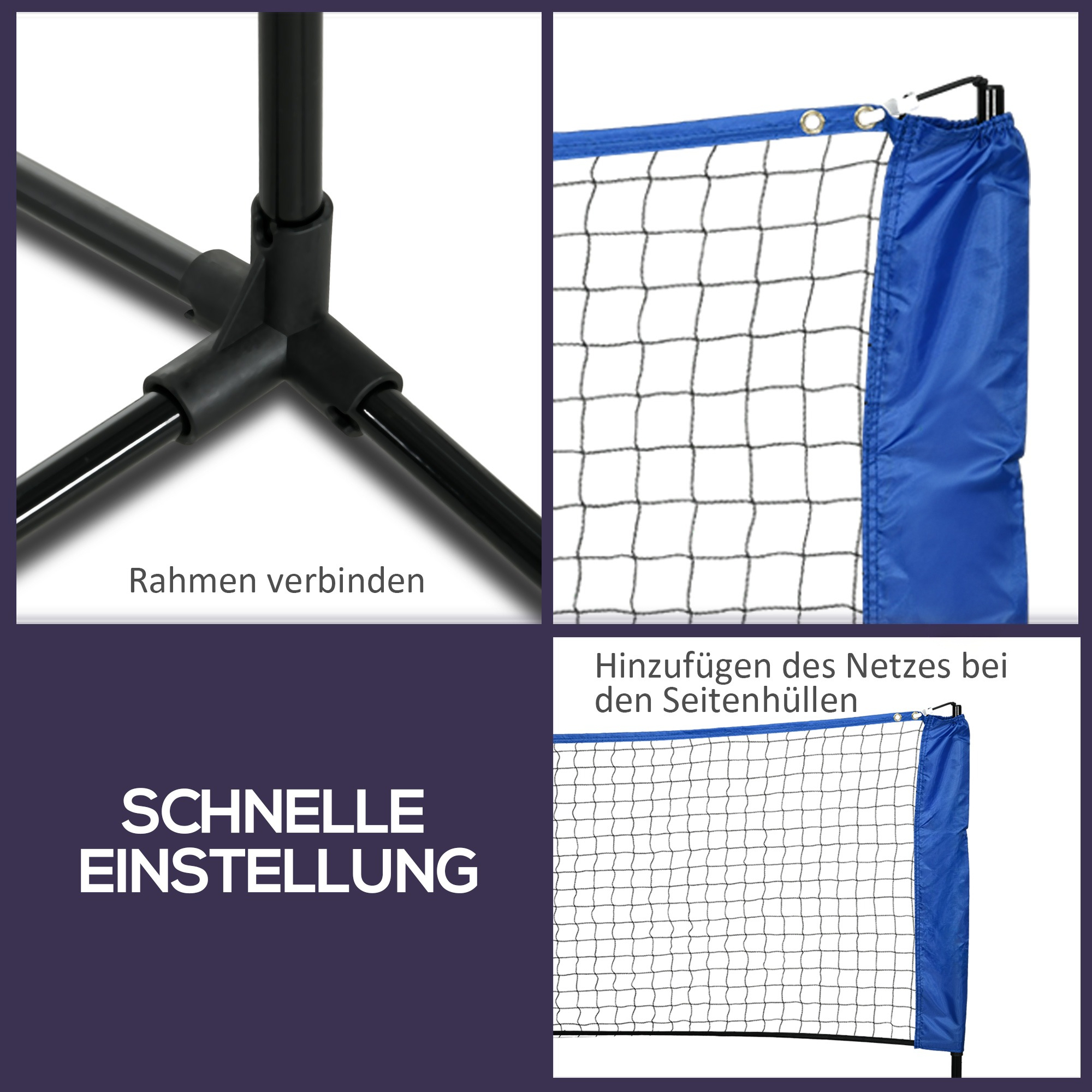 Bilder, die den Zusammenbau eines Sportnetzrahmens detailliert darstellen.