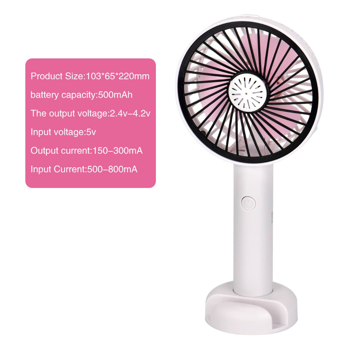 Weißer Handventilator mit rosa Flügeln und weißem Sockel. Informationsfeld links.