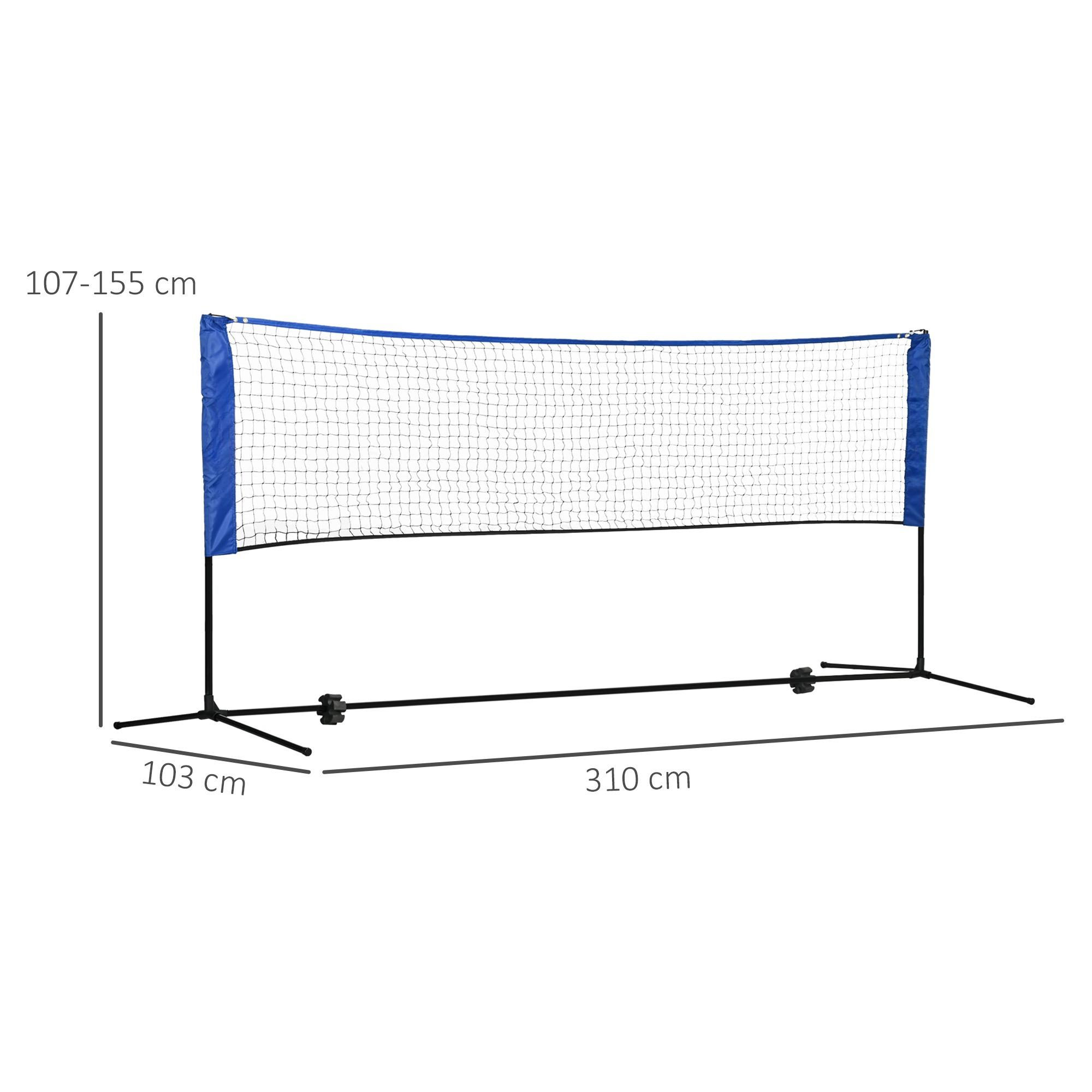 Badmintonnetz Abmessungen: 107-155cm Höhe, 103cm Breite, 310cm Länge. Schwarzer Rahmen, blaues Oberteil.