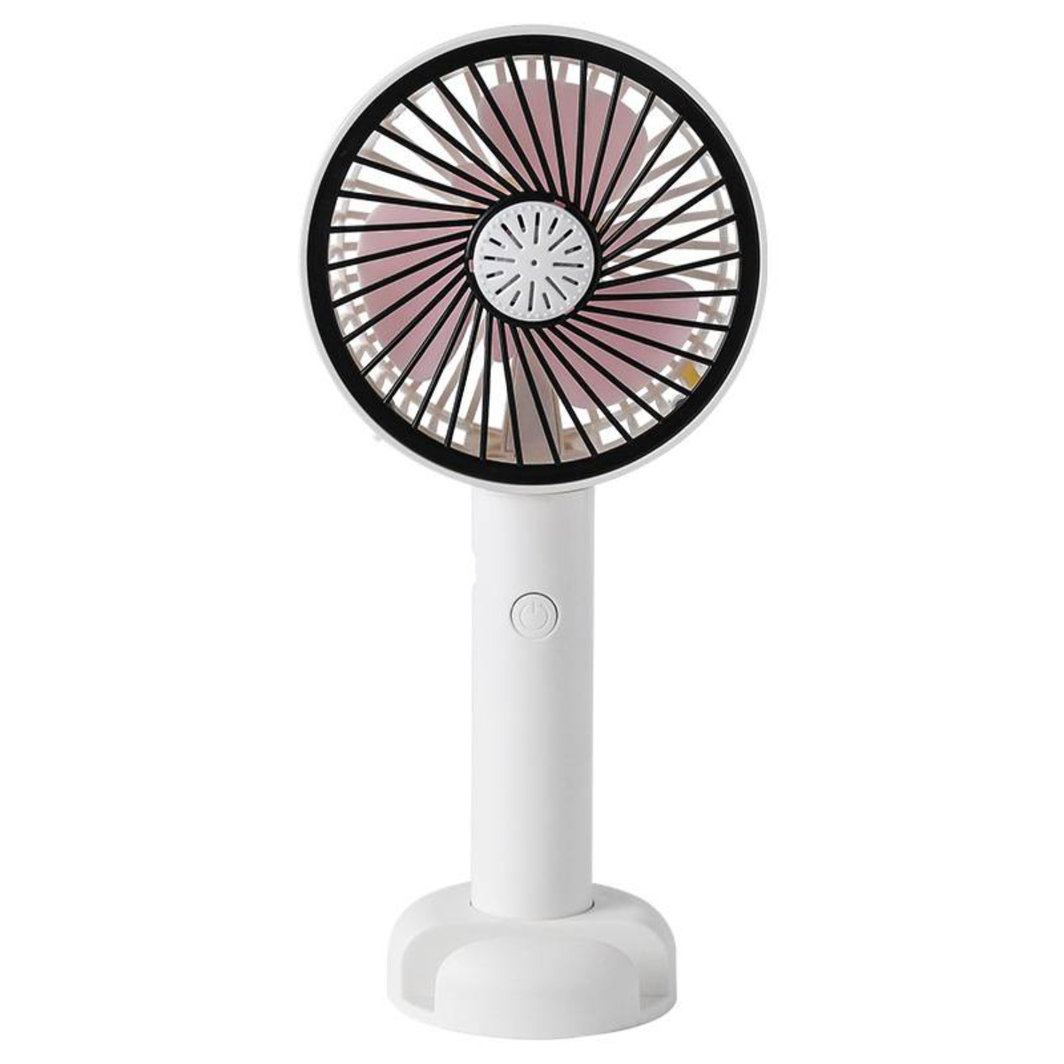 Weißer Handventilator mit rosa Flügeln und weißem Sockel. Isoliert auf weißem Hintergrund.