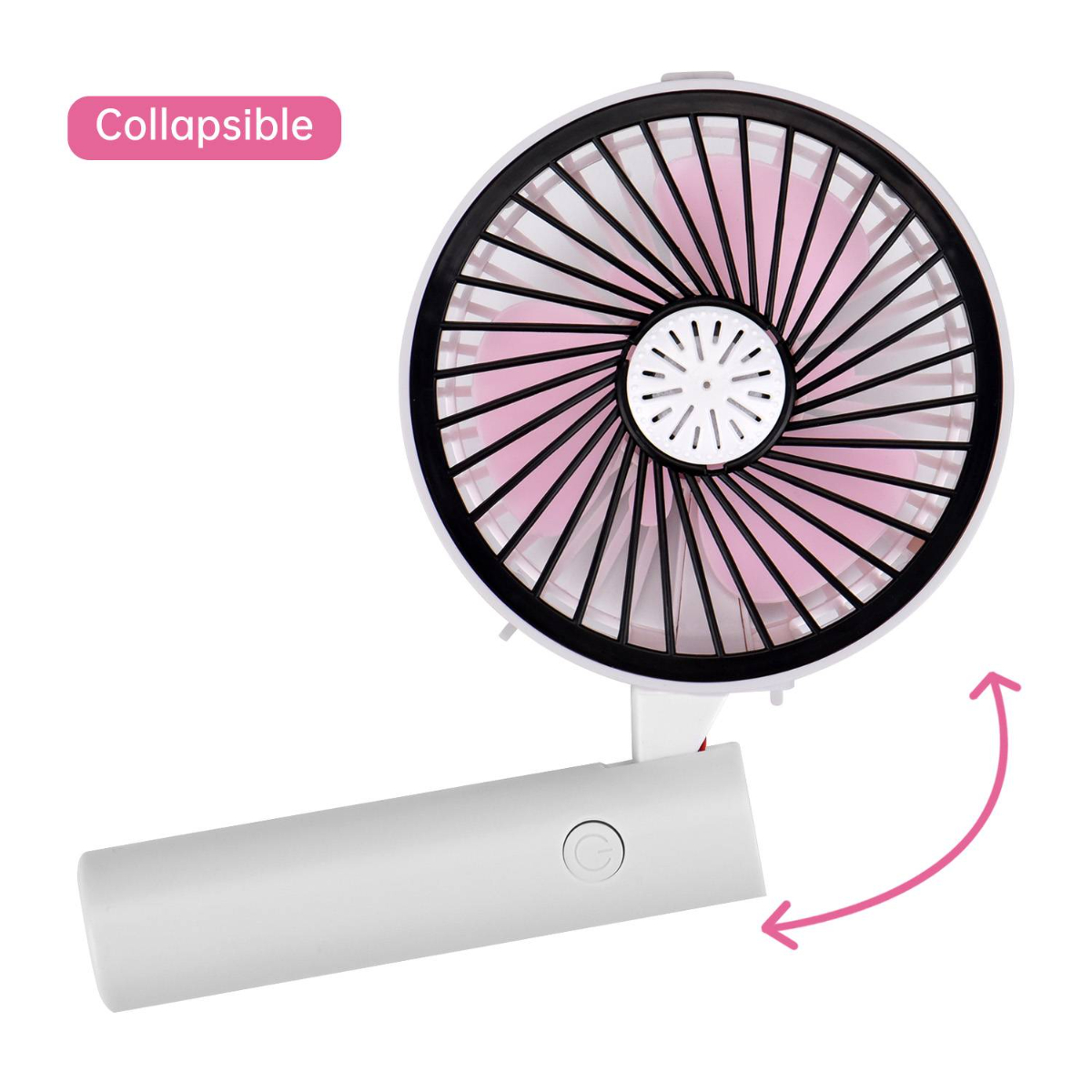 Weißer, zusammenklappbarer Ventilator mit rosa Flügeln. Zeigt den gefalteten Griff mit Pfeil.
