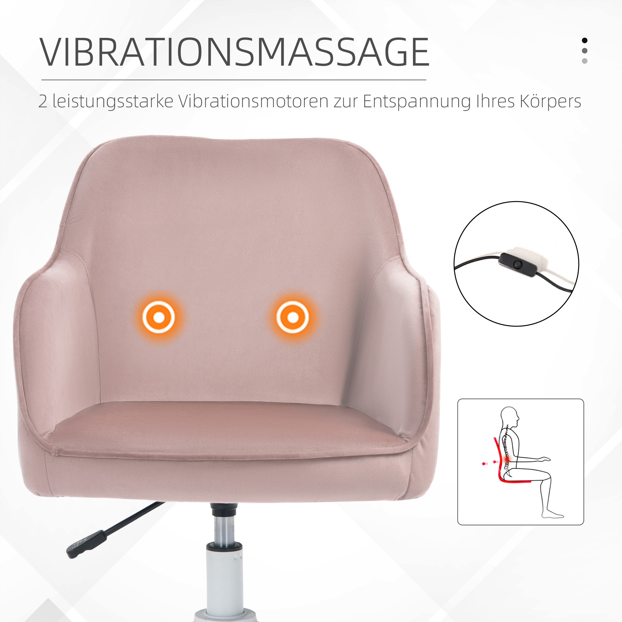 Pinker Samtstuhl mit orangefarbenen Punkten. Weiße Basis, schwarzer Stiel. Personenumriss.