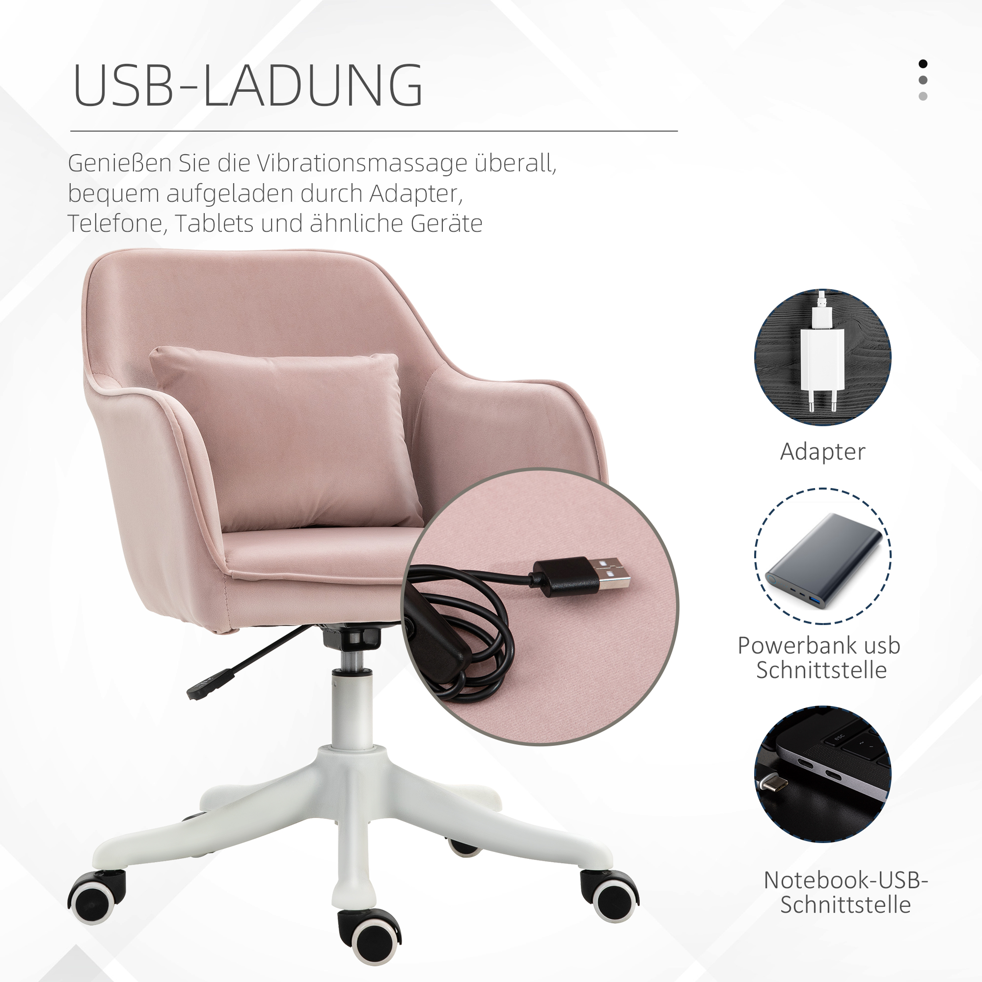 Rosa Bürostuhl mit USB-Ladefunktion. Zeigt Adapter, Powerbank und Laptop-USB-Anschlüsse.