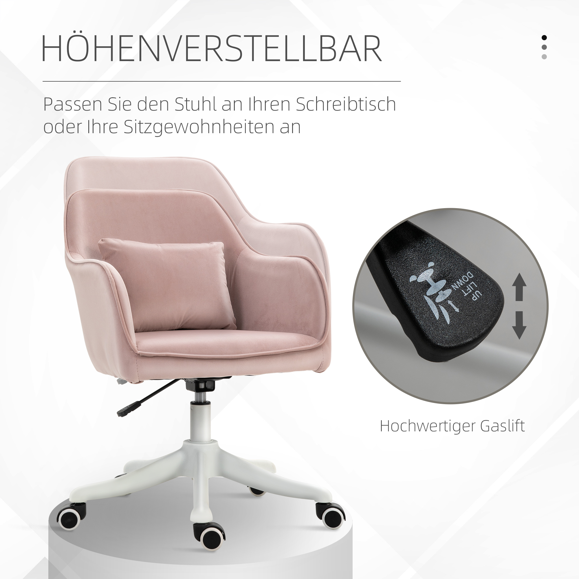 Rosa Bürostuhl mit weißem Gestell. Zeigt Höhenverstellung mit Hebel. Text: HöHENVERSTELLBAR.