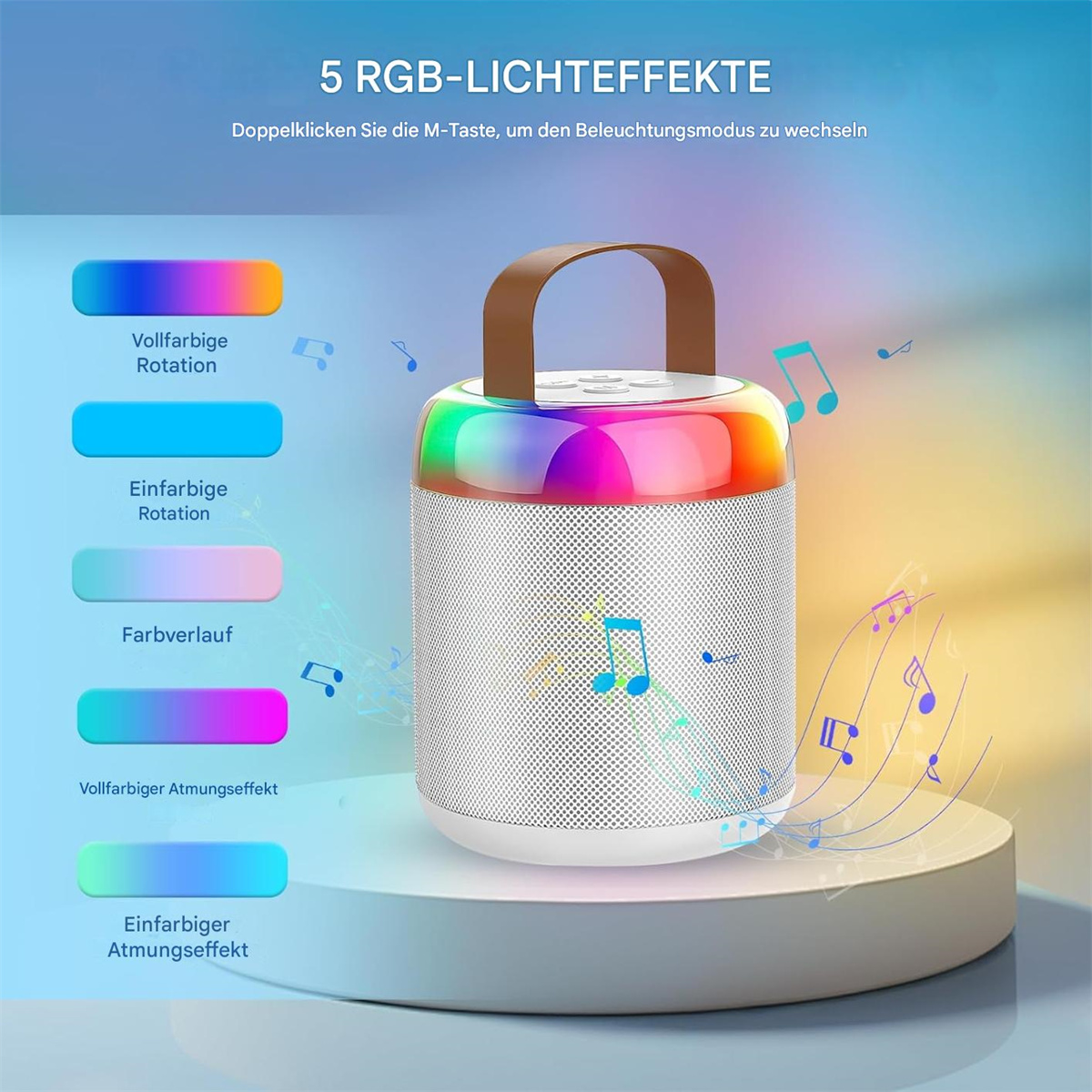 Weißer Lautsprecher mit mehrfarbigen LED-Lichtern. Brauner Griff oben. Zeigt 5 RGB-Lichteffekte.