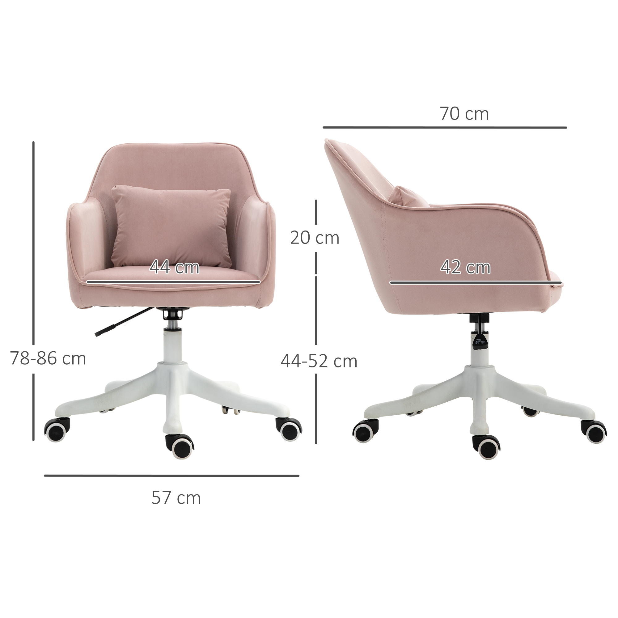 Rosa Bürostuhl mit Maßen: 44cm Breite, 70cm Tiefe, 78-86cm Höhe, 57cm Basis, 44-52cm Höhe.
