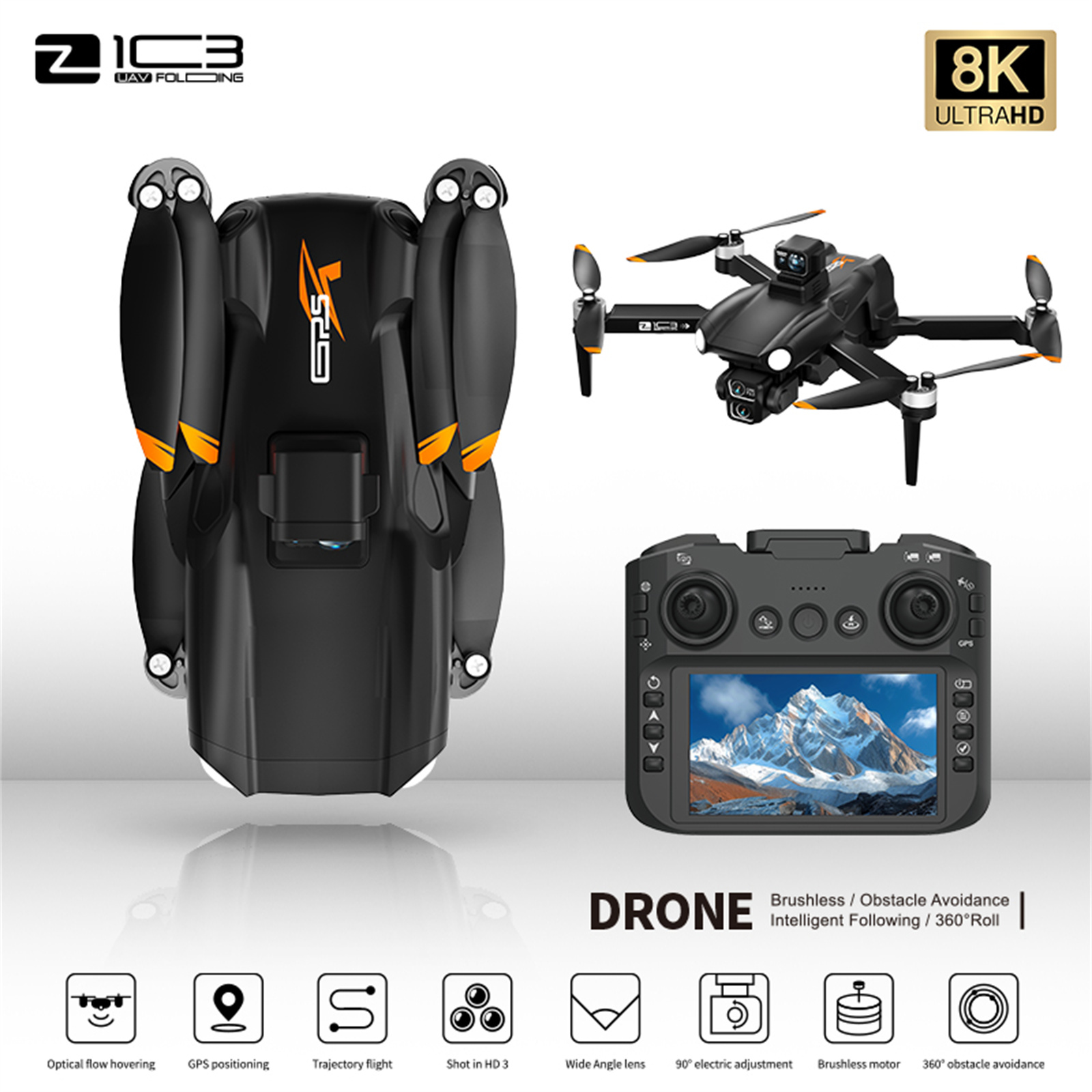 Schwarze und orange Drohne mit Controller. Die Drohne hat Kameras und Funktionsanzeigen.