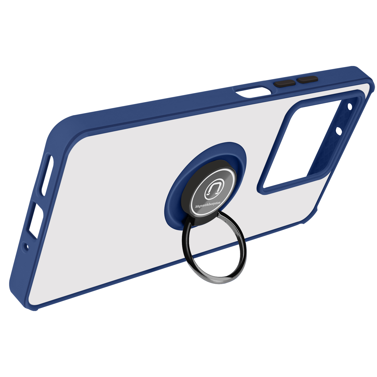 Custodia per telefono blu e bianca, con un supporto ad anello. Il retro è bianco, con un bordo blu.