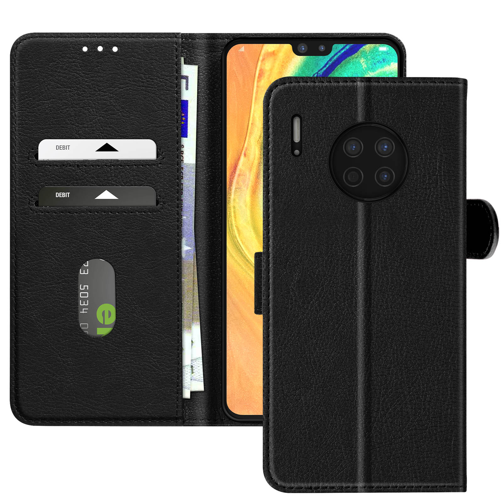 Custodia per telefono nera con scomparti per carte e chiusura magnetica. Il telefono ha più fotocamere.