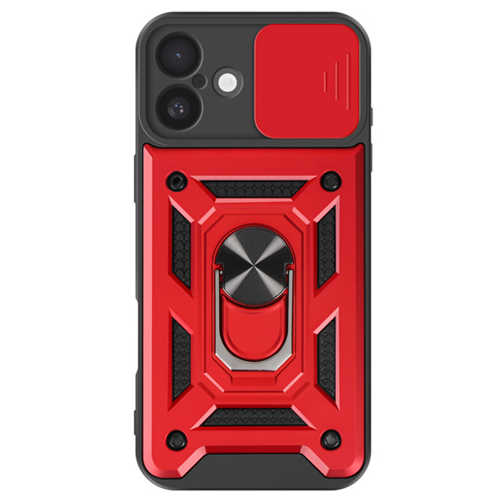 Custodia per telefono rossa e nera con copriobiettivo e anello.