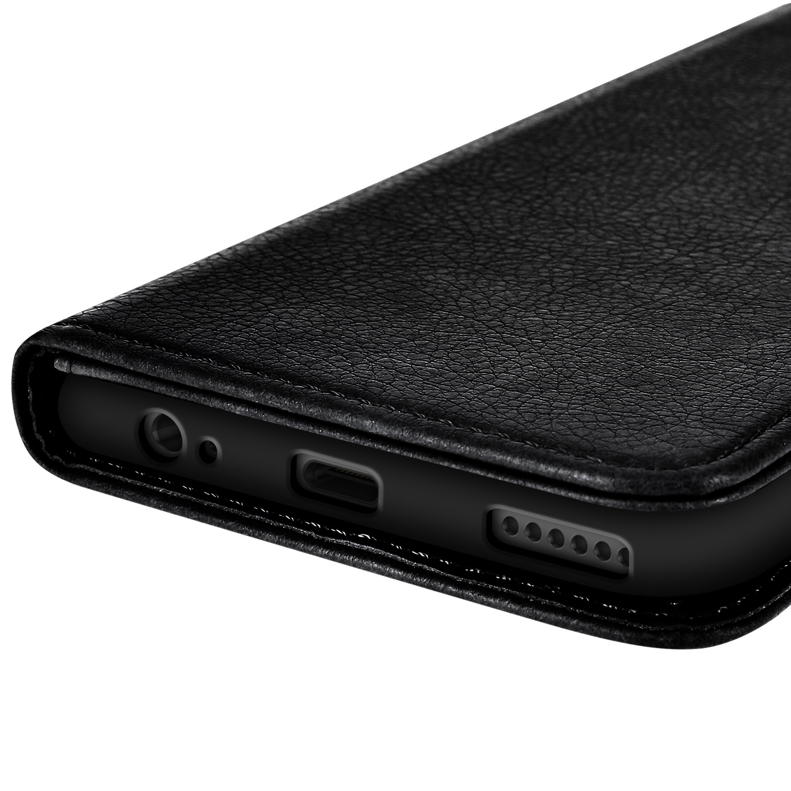 Primo piano di una custodia per telefono con porte e fotocamera, pelle nera.