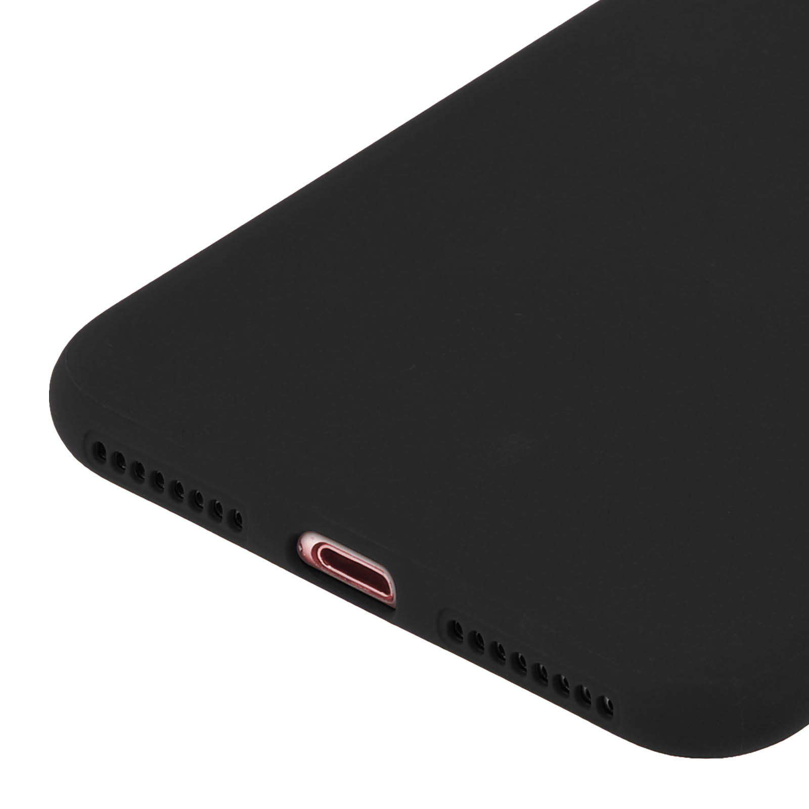 Primo piano di una custodia nera per telefono con porta di ricarica e altoparlanti.