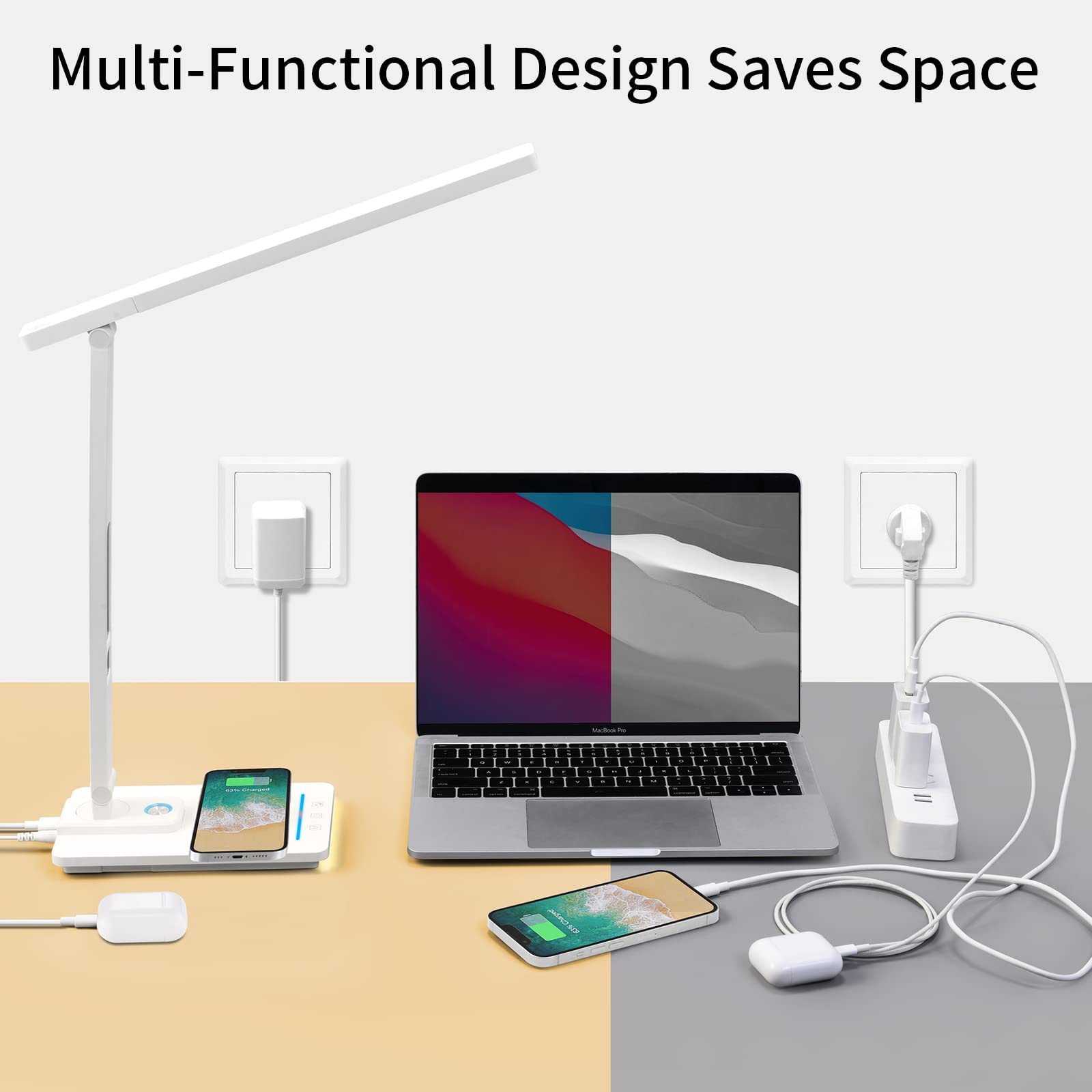 Schreibtisch mit Lampe, Telefon, Laptop und Ladegerät. Ein Telefon lädt. Ein weiteres Ladegerät an der Wand.