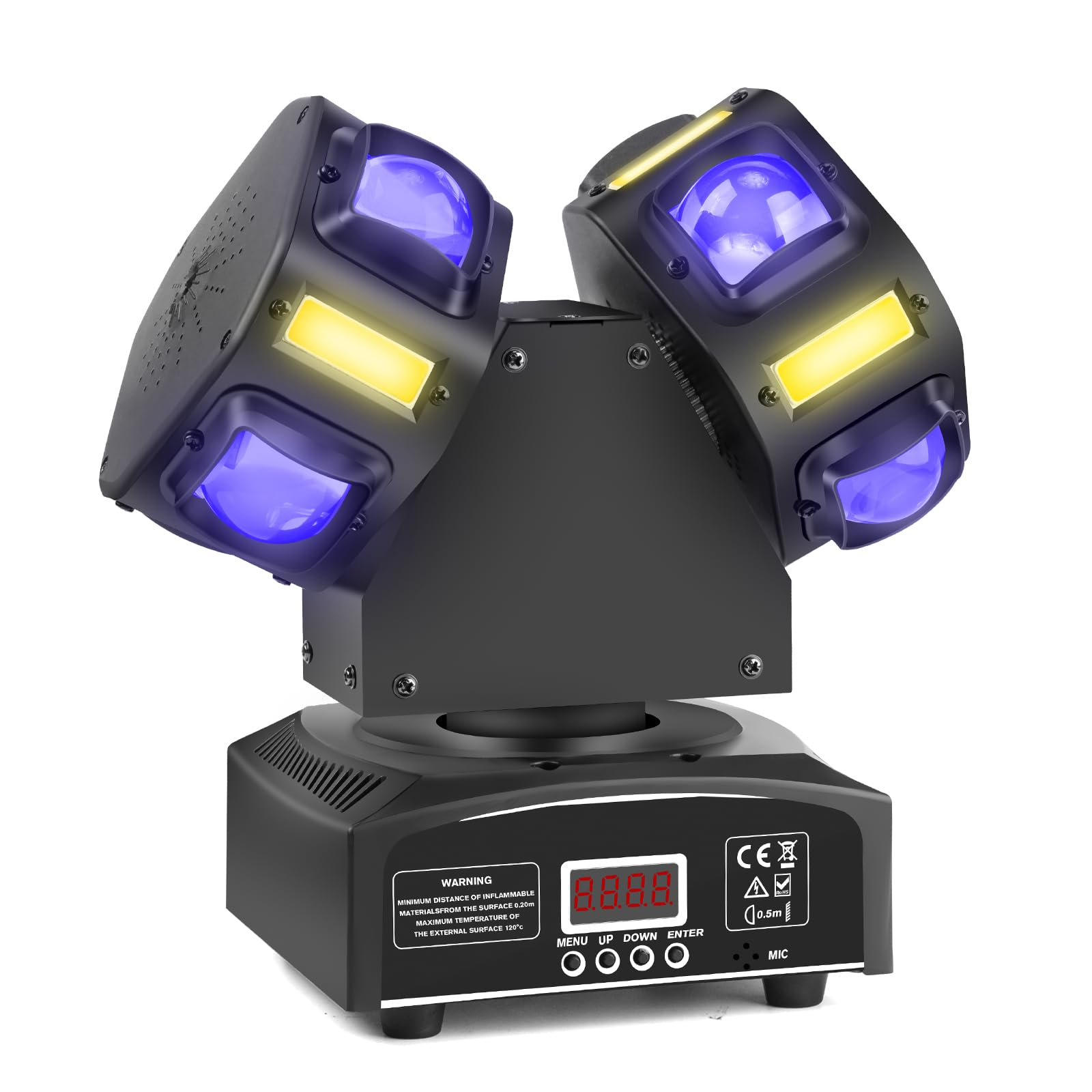 Schwarzes Bühnenlicht mit drei Lichtköpfen, jeweils mit blauen und gelben Lichtern und einem Digitaldisplay.