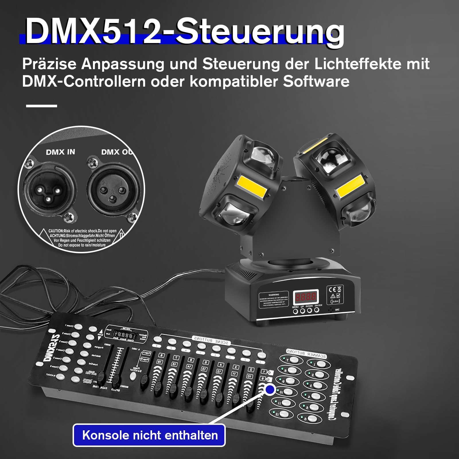 DMX512-Controller und eine Lichtmaschine. Bedienfeld mit Schiebereglern, Anschlüssen und schwarzem Hintergrund.