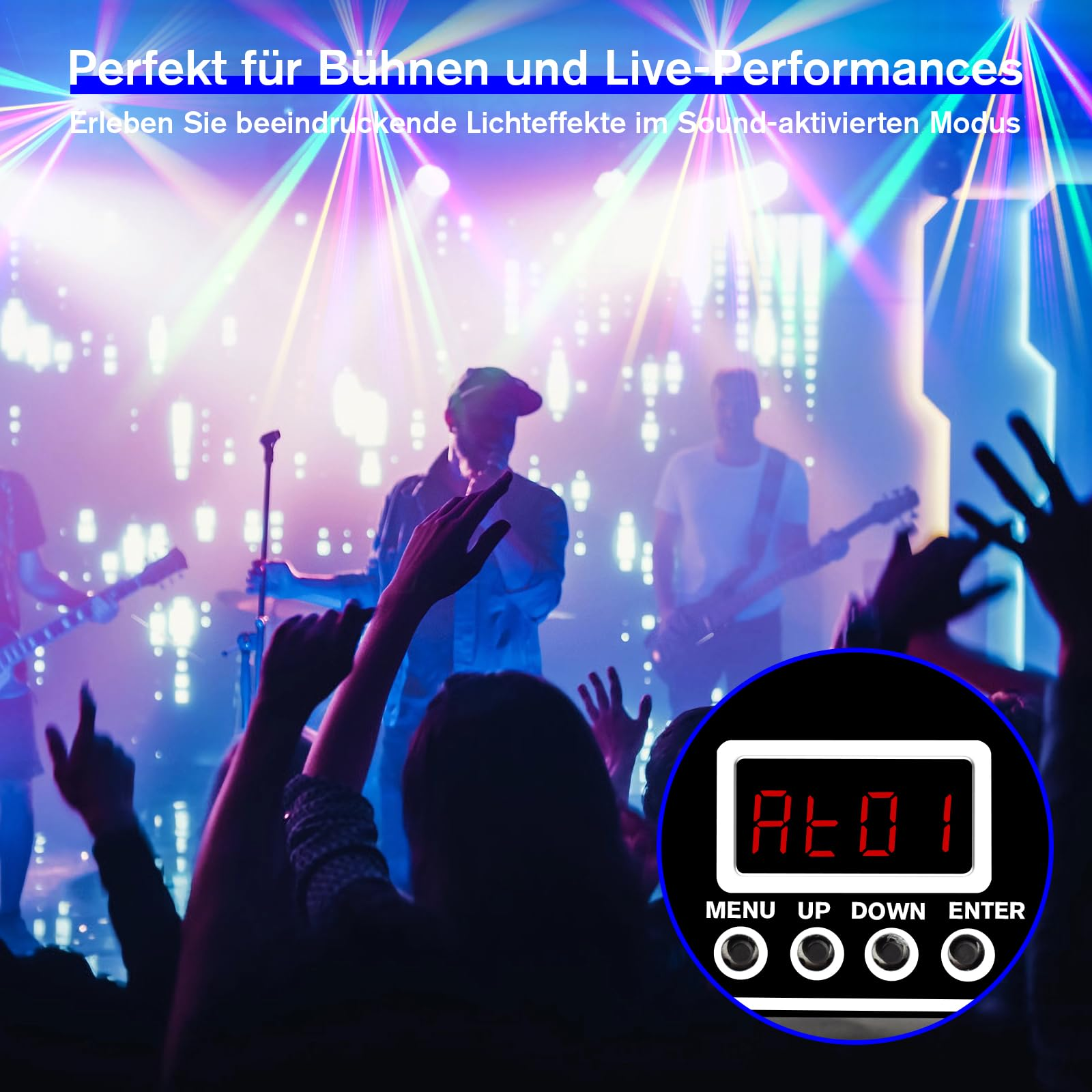 Eine Konzertbühne mit Scheinwerfern und einer Band, die spielt, mit einer Digitalanzeige am unteren Bildrand.