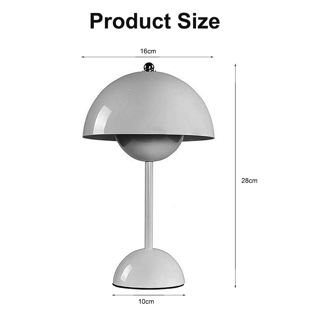 Weiße Schreibtischlampe mit grauem Lampenschirm, das Bild zeigt die Höhen- und Breitenabmessungen.