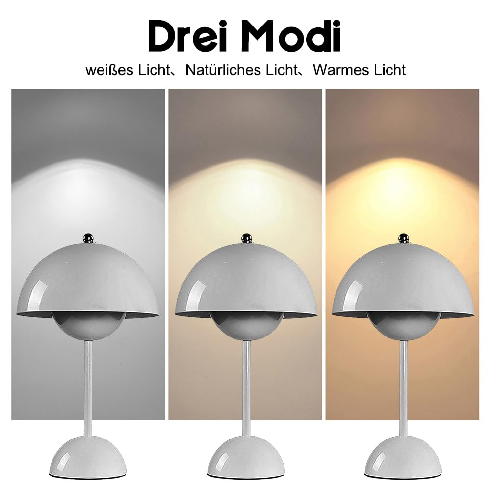 Drei Lampen mit verschiedenen Lichteinstellungen: Weiß, natürlich und warm. Sie haben eine graue Kuppel und einen weißen Sockel.