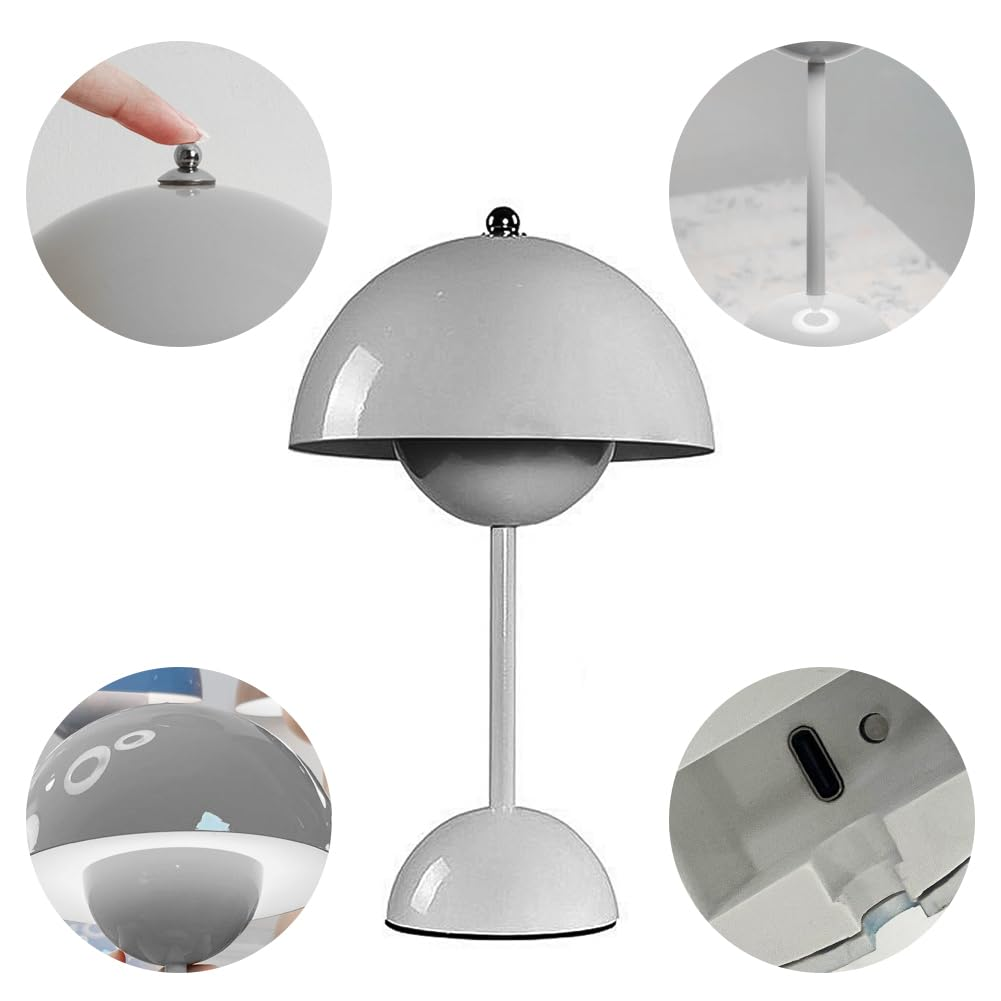 Weiße Schreibtischlampe, berührungsgesteuert, in einer Raumumgebung. Verschiedene Nahaufnahmen werden gezeigt.